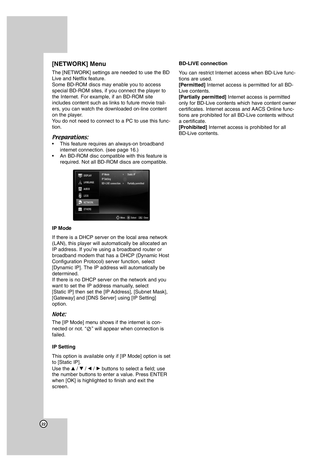 LG Electronics BD300 owner manual Network Menu, IP Mode, IP Setting, BD-LIVE connection 