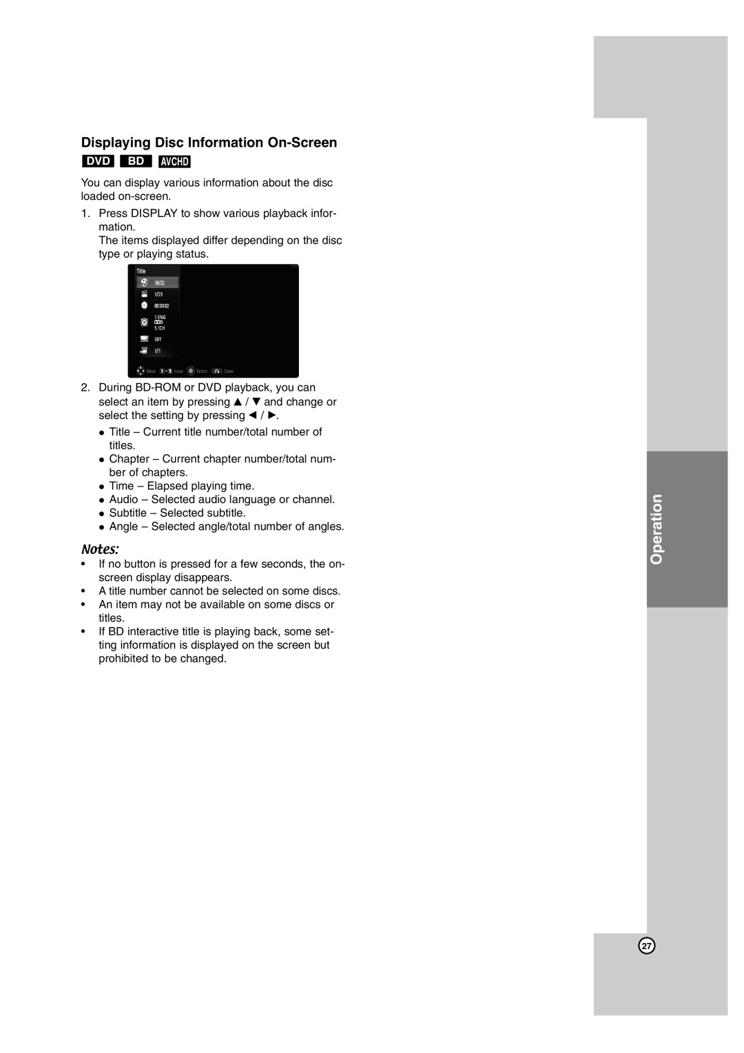 LG Electronics BD300 owner manual Displaying Disc Information On-Screen 