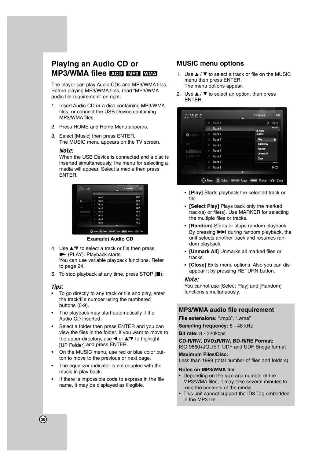 LG Electronics BD300 owner manual MP3/WMA audio file requirement, Example Audio CD, CD-R/RW, DVD±R/RW, BD-R/RE Format 