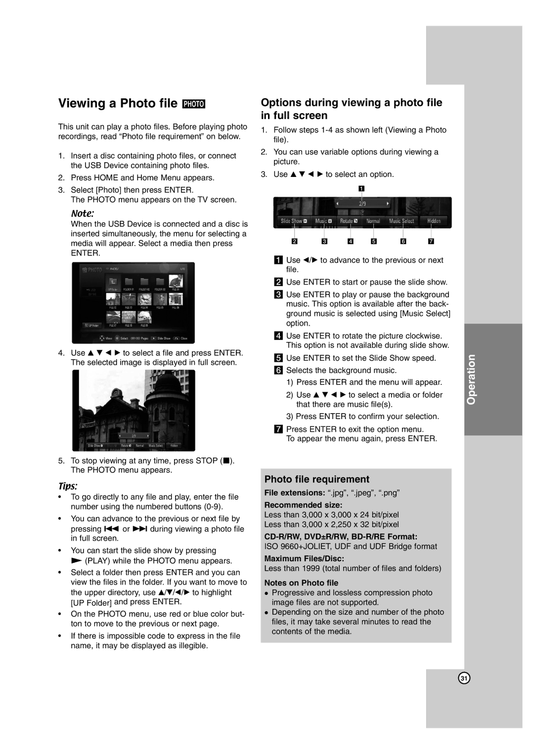 LG Electronics BD300 owner manual Viewing a Photo file Photo, Photo file requirement, Recommended size 