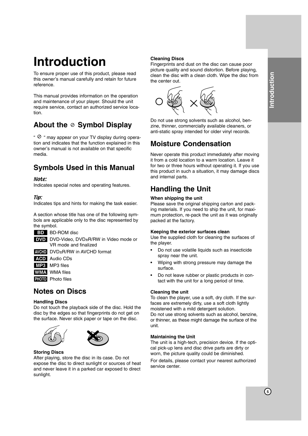 LG Electronics BD300 About the Symbol Display Symbols Used in this Manual, Moisture Condensation, Handling the Unit 