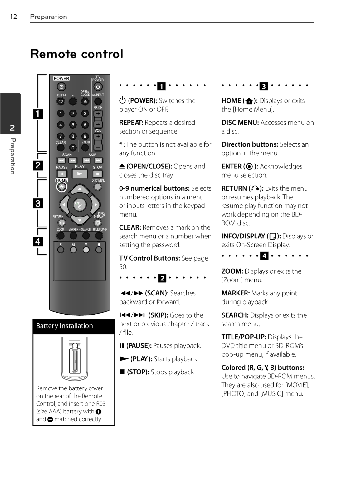 LG Electronics BD550, BD678N owner manual Remote control, OPEN/CLOSE Opens, TV Control Buttons See, INFO/DISPLAY Displays or 