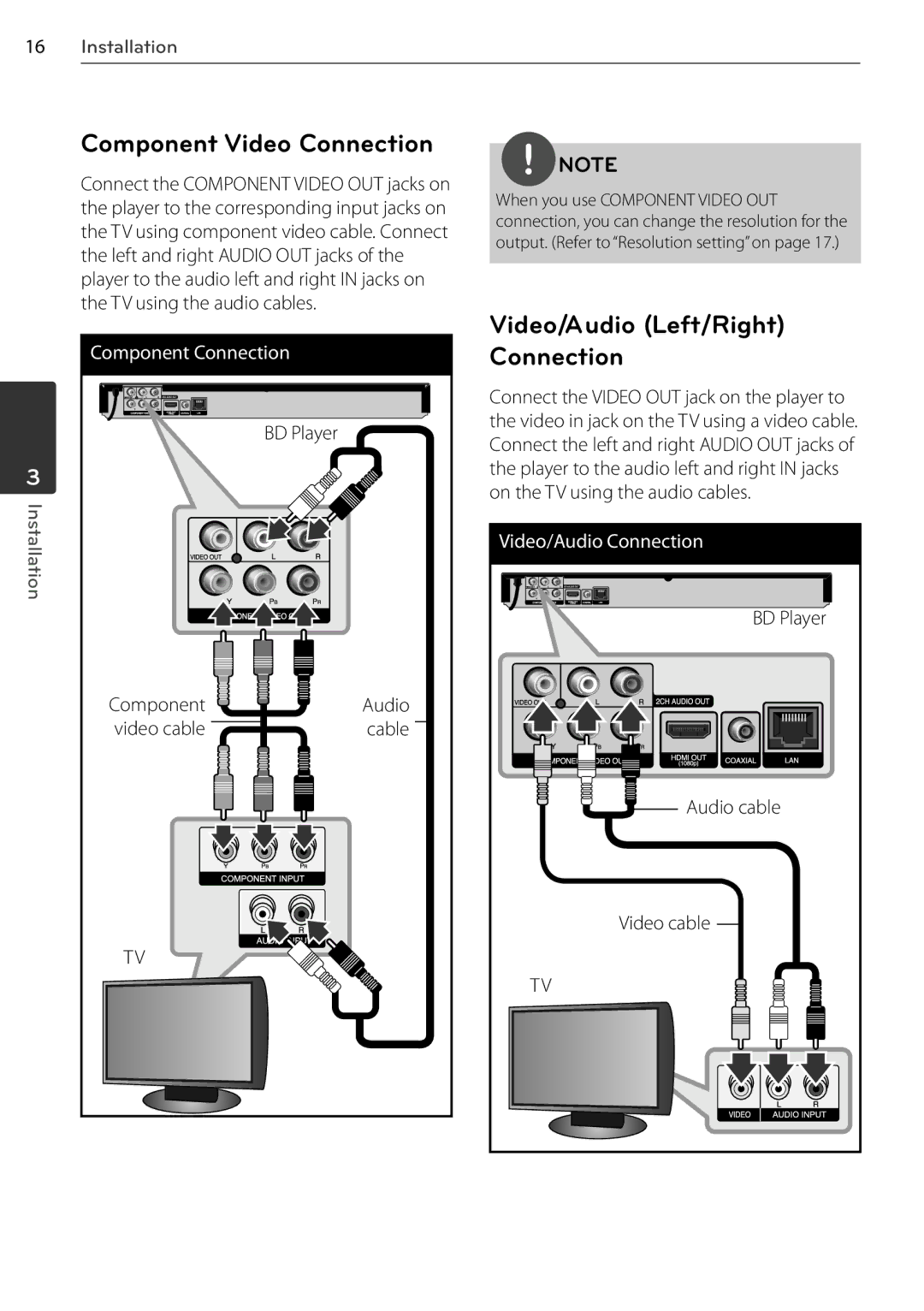 LG Electronics BD550, BD678N owner manual Component Video Connection, Video/Audio Left/Right Connection, Audio cable 