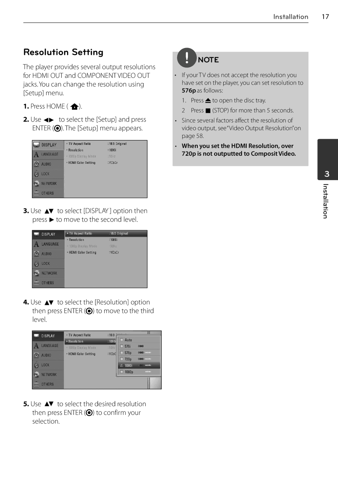 LG Electronics BD678N, BD550 owner manual Resolution Setting, Press Home, Installation 