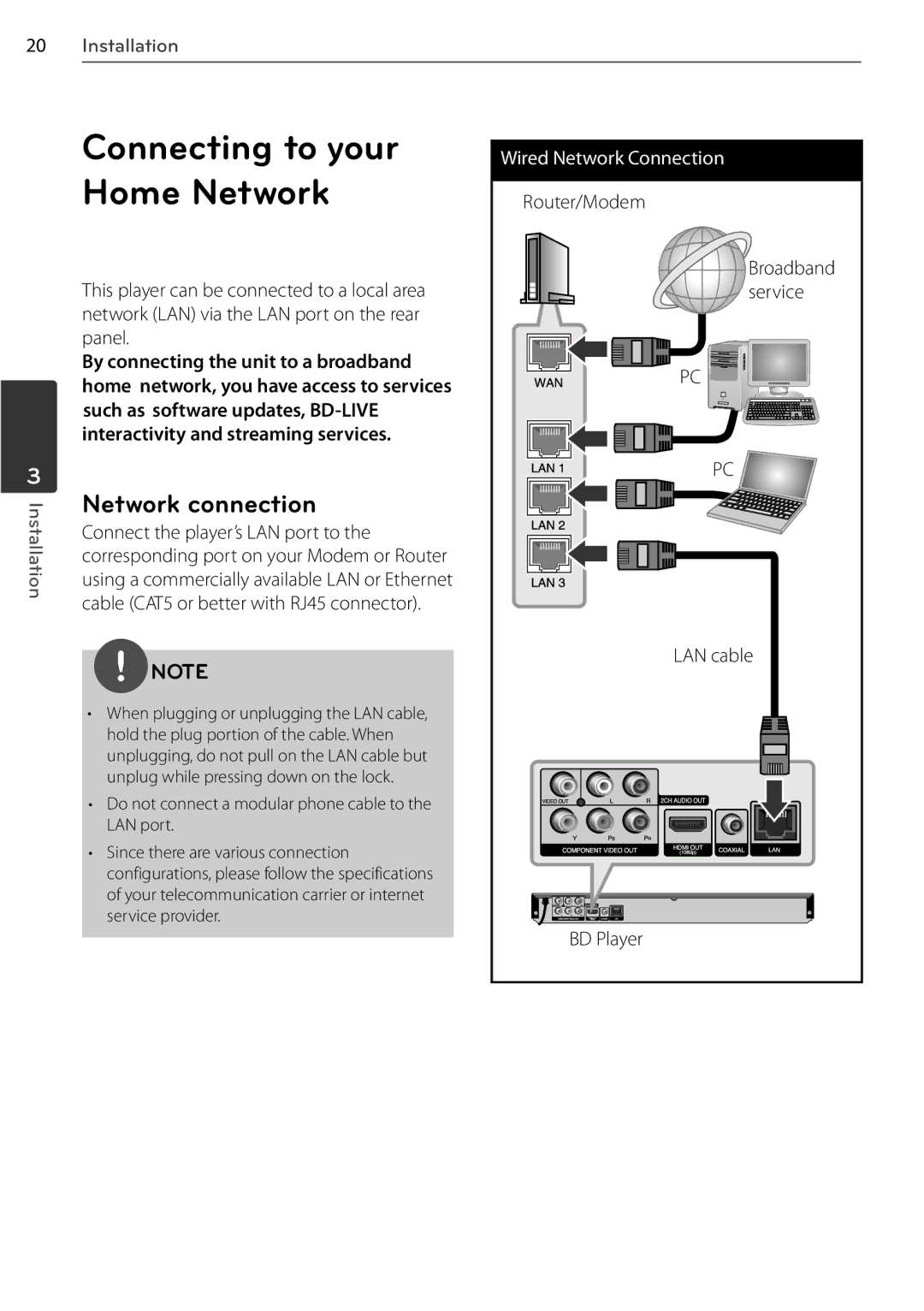 LG Electronics BD550, BD678N Connecting to your Home Network, Network connection, Router/Modem, Service, LAN cable 