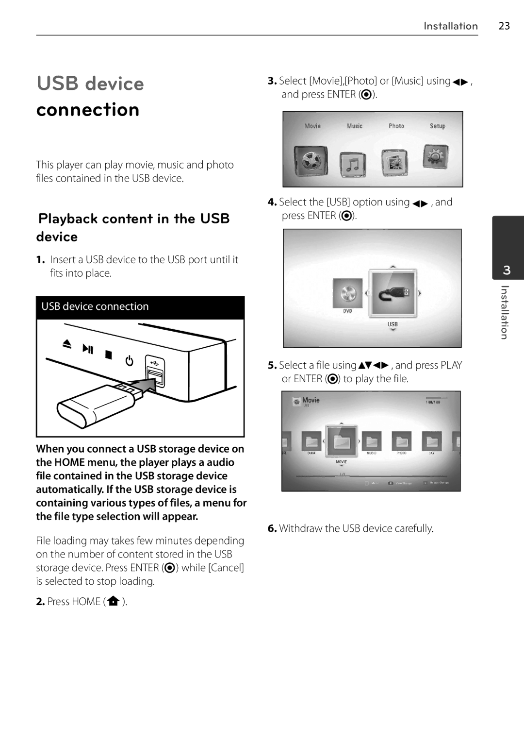 LG Electronics BD678N Connection, Playback content in the USB Device, Select Movie,Photo or Music using , and press Enter 