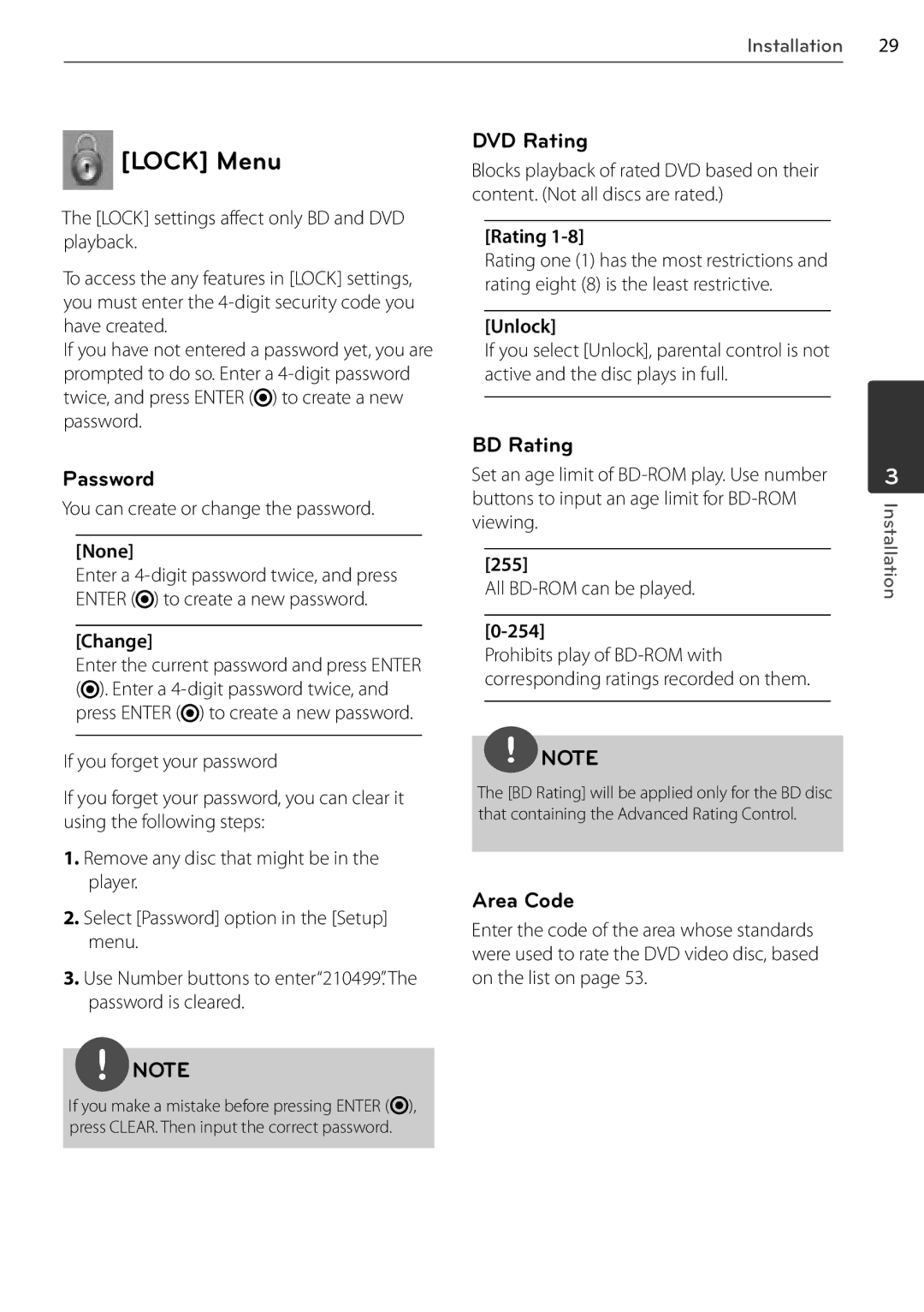 LG Electronics BD678N, BD550 owner manual Lock Menu, DVD Rating, Password, BD Rating, Area Code 