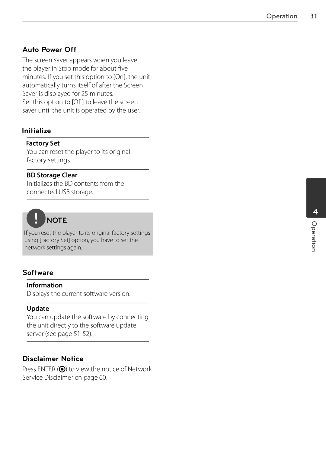 LG Electronics BD678N, BD550 owner manual Auto Power Off, Initialize, Software, Disclaimer Notice 