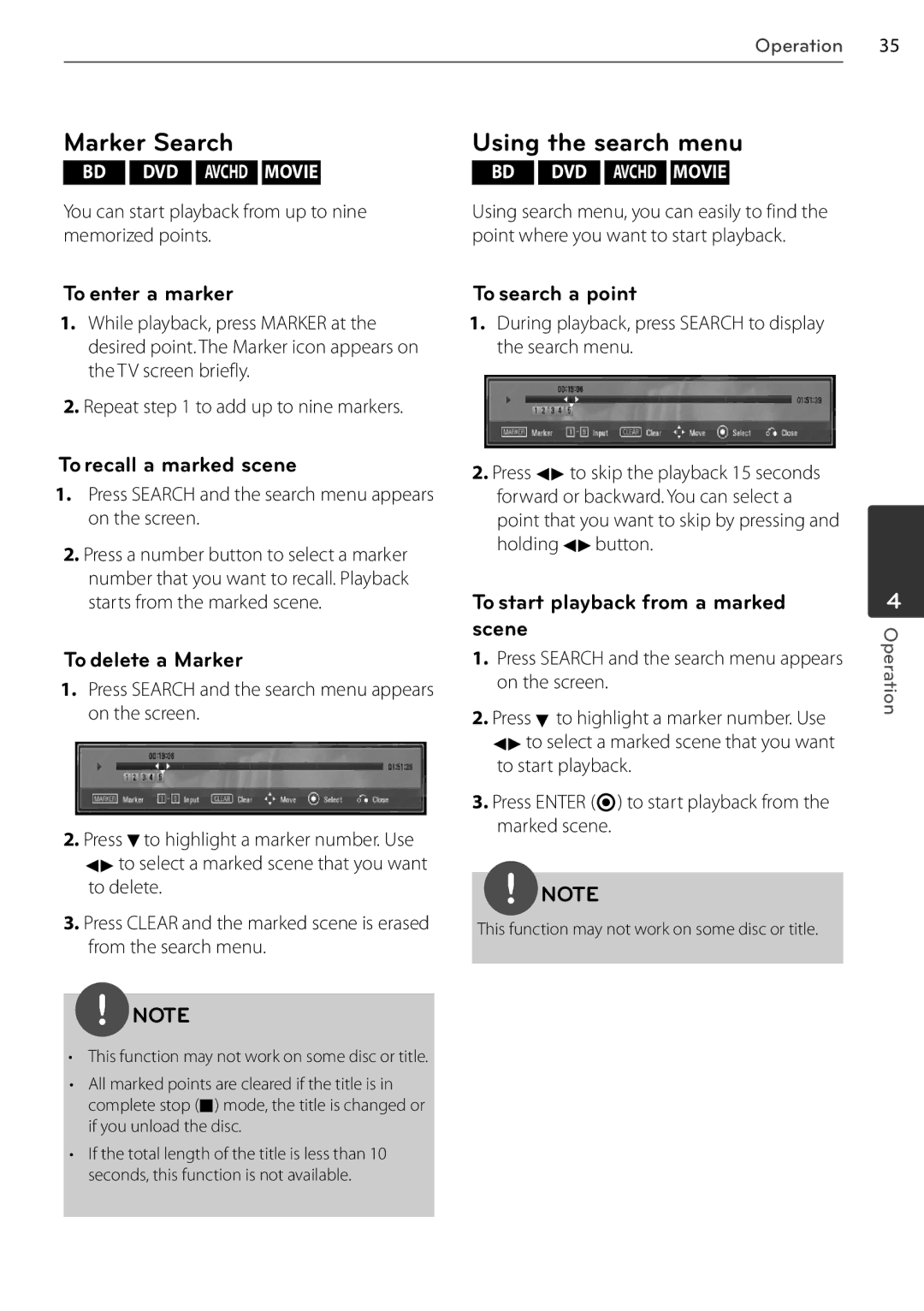 LG Electronics BD678N, BD550 owner manual To enter a marker, To search a point, To recall a marked scene, To delete a Marker 