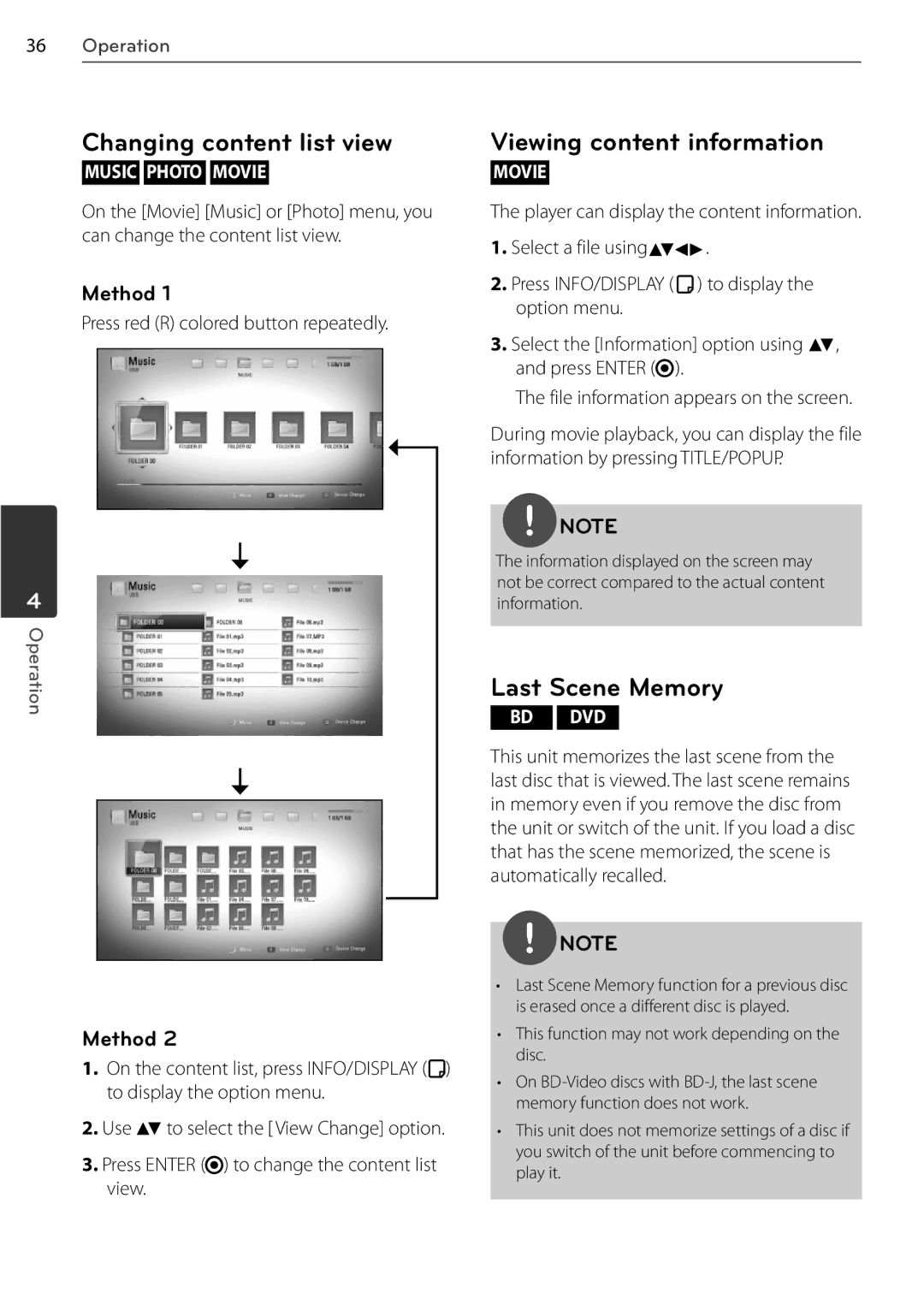 LG Electronics BD550, BD678N owner manual Changing content list view, Viewing content information, Last Scene Memory, Method 