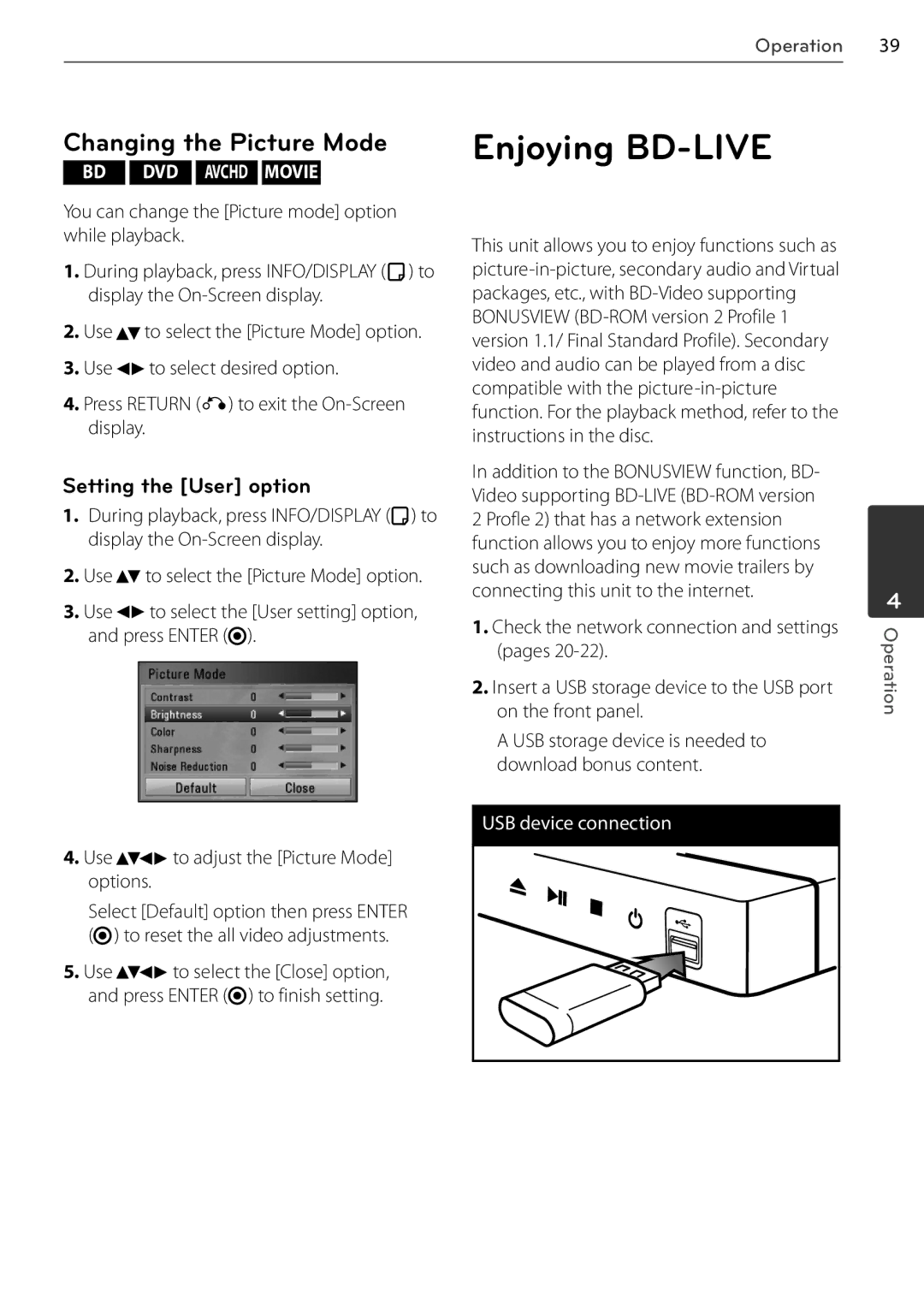 LG Electronics BD678N, BD550 owner manual Enjoying BD-LIVE, Changing the Picture Mode, Setting the User option 