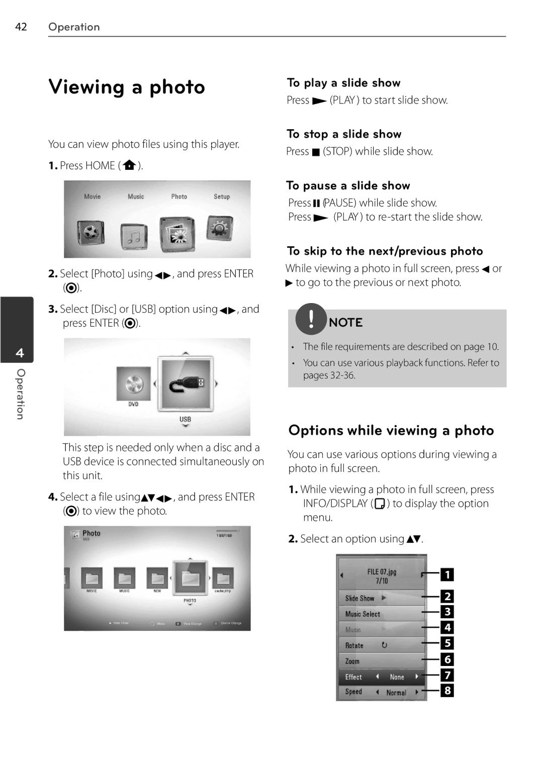 LG Electronics BD550, BD678N owner manual Viewing a photo, Options while viewing a photo 