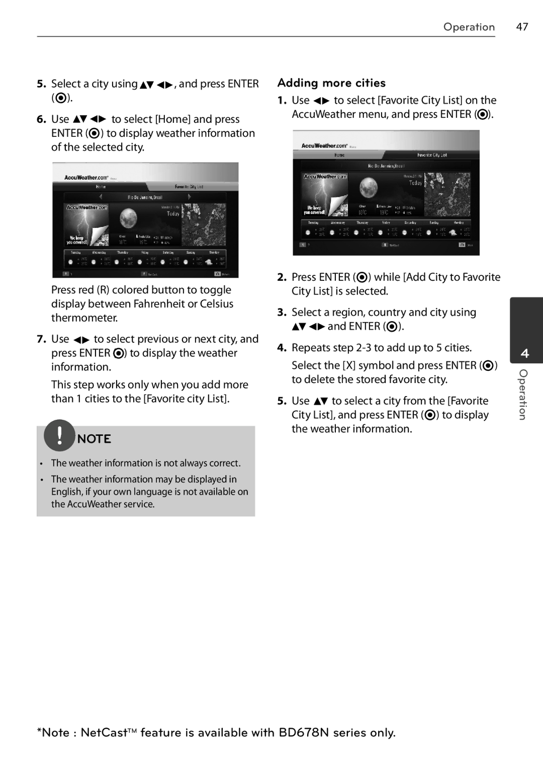 LG Electronics BD678N, BD550 owner manual Select a city using Press Enter Adding more cities, Use To select Home and press 