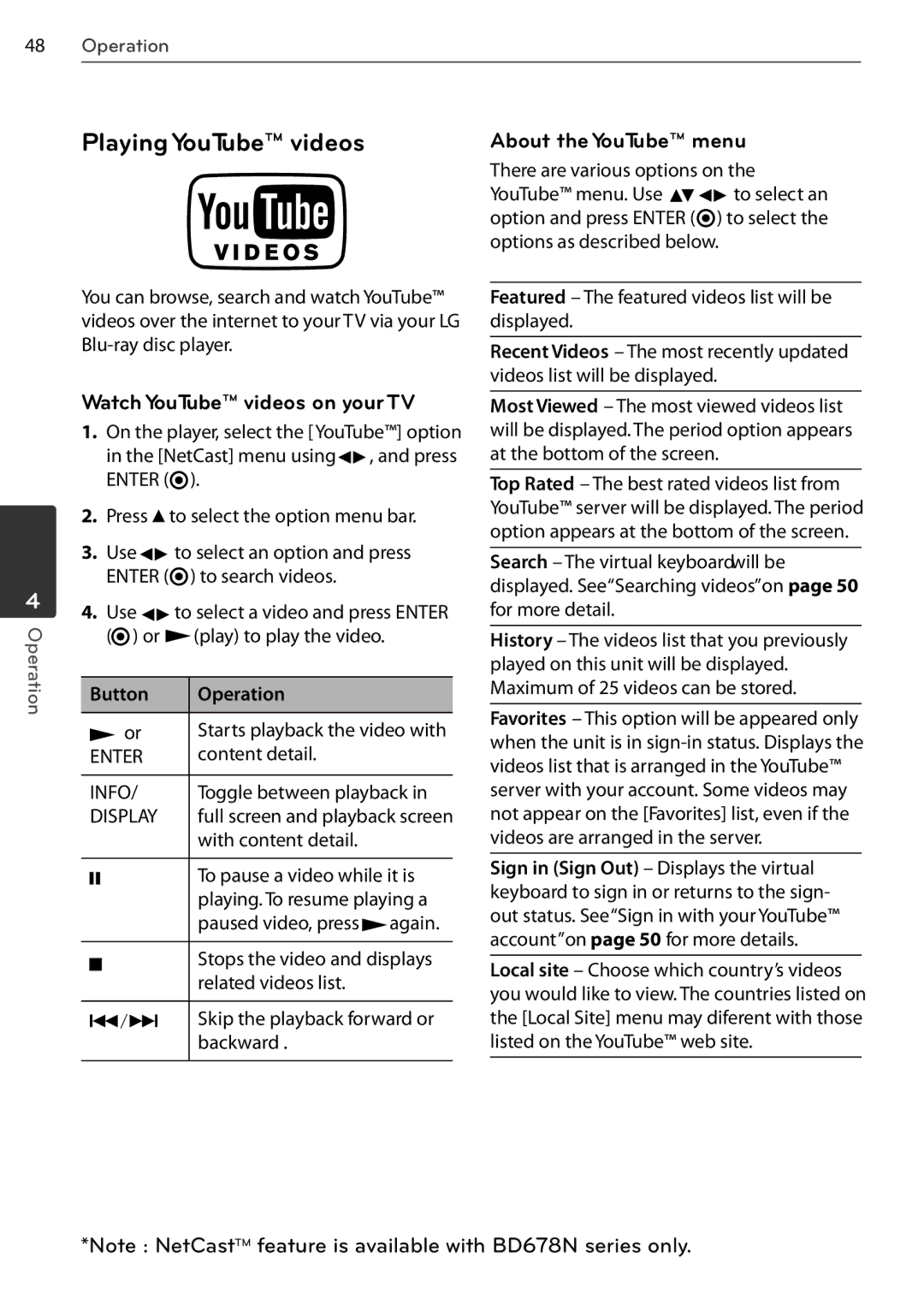 LG Electronics BD550 Playing YouTube videos, Watch YouTube videos on yourTV, About the YouTube menu, Button Operation 