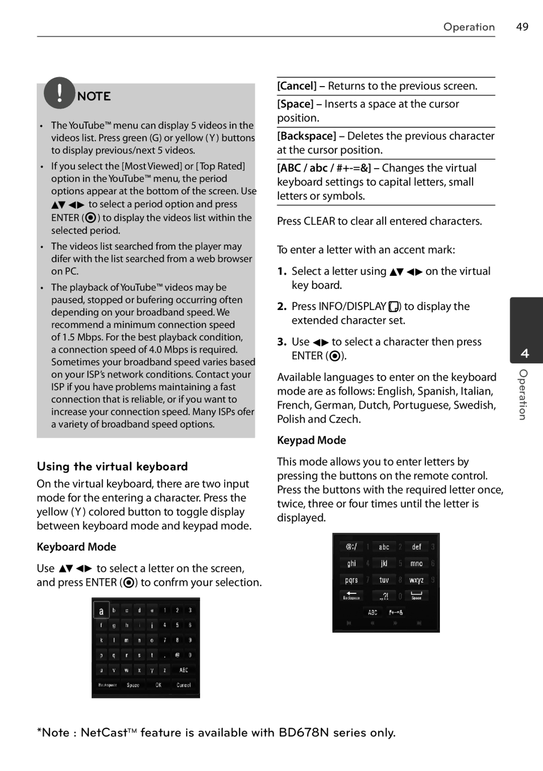 LG Electronics BD678N, BD550 owner manual Using the virtual keyboard, Keyboard Mode 