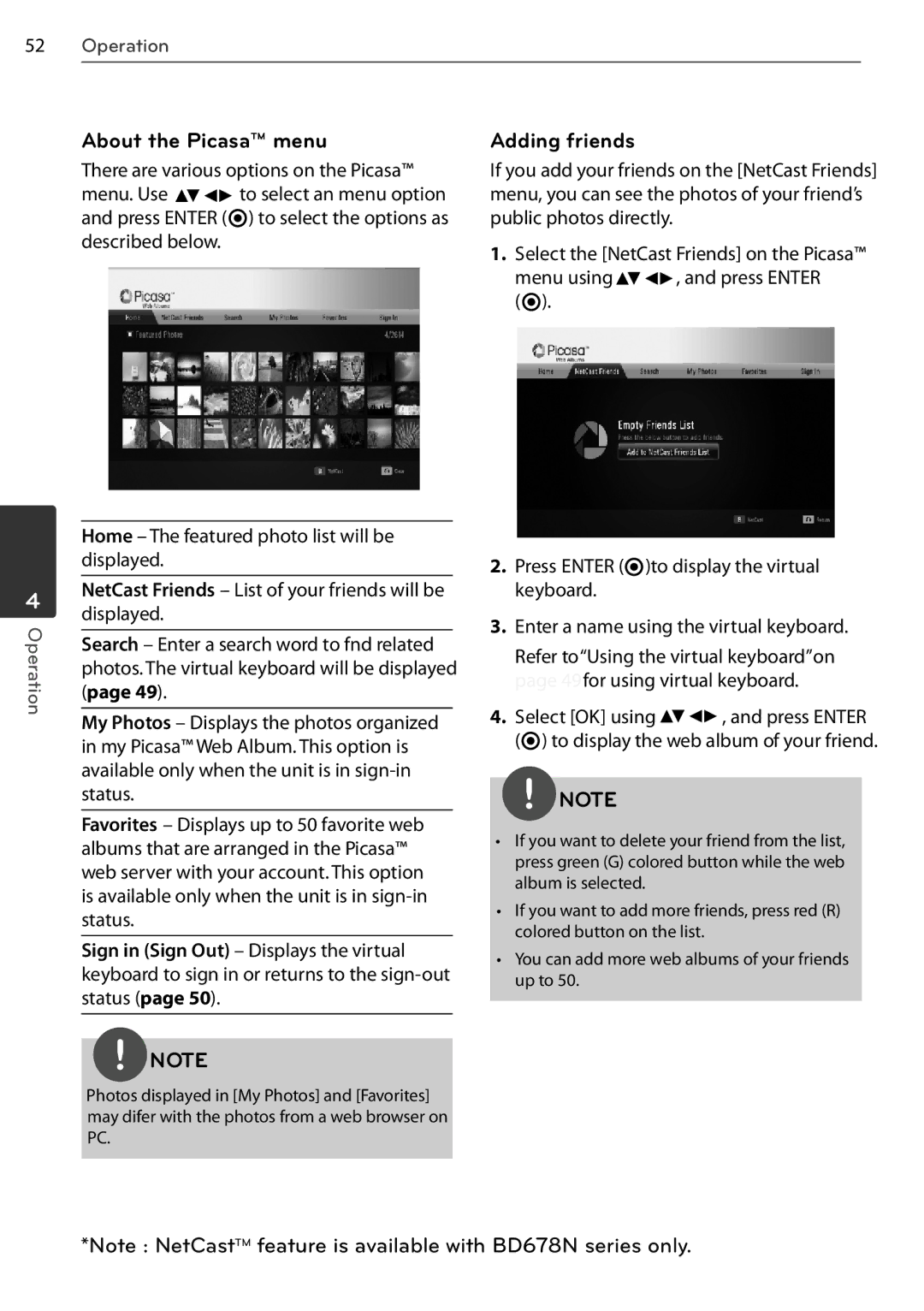 LG Electronics BD550, BD678N owner manual About the Picasa menu, Adding friends 