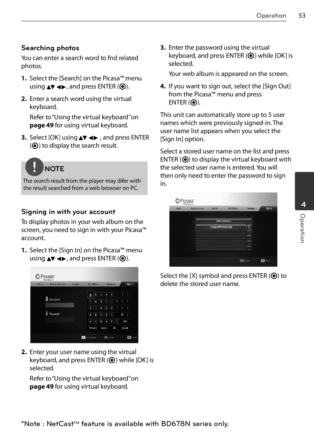 LG Electronics BD678N, BD550 owner manual Searching photos, Signing in with your account 