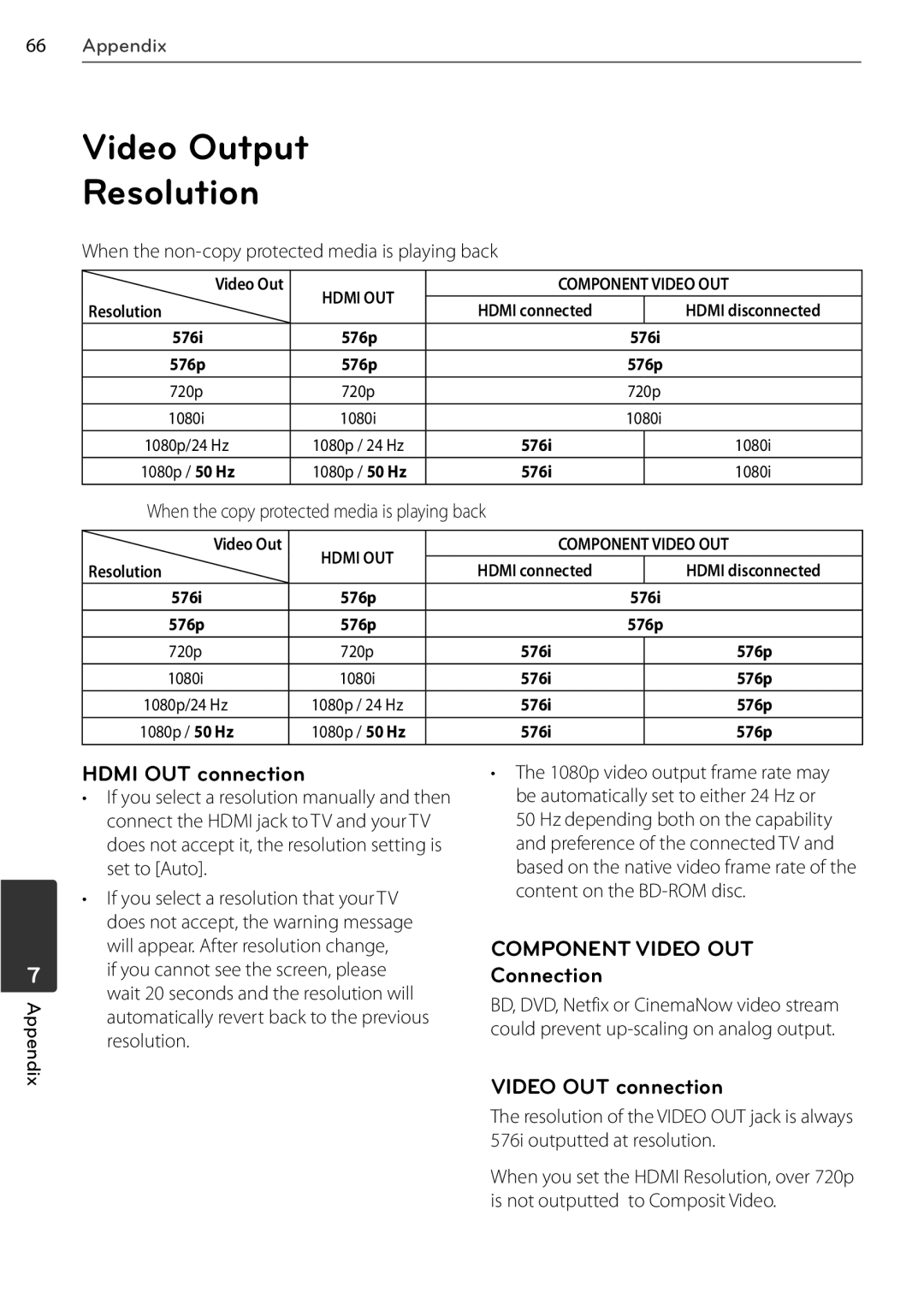 LG Electronics BD550, BD678N owner manual Video Output Resolution, Hdmi OUT connection, Connection, Video OUT connection 