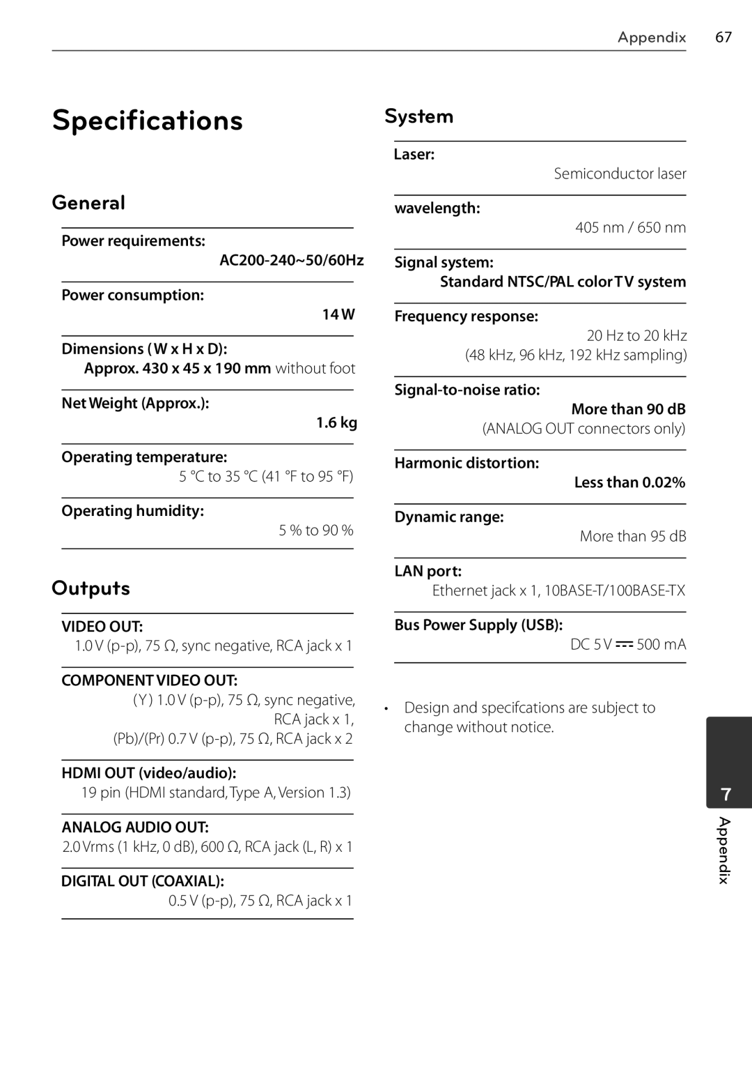 LG Electronics BD678N, BD550 owner manual Specifications System, General, Outputs 