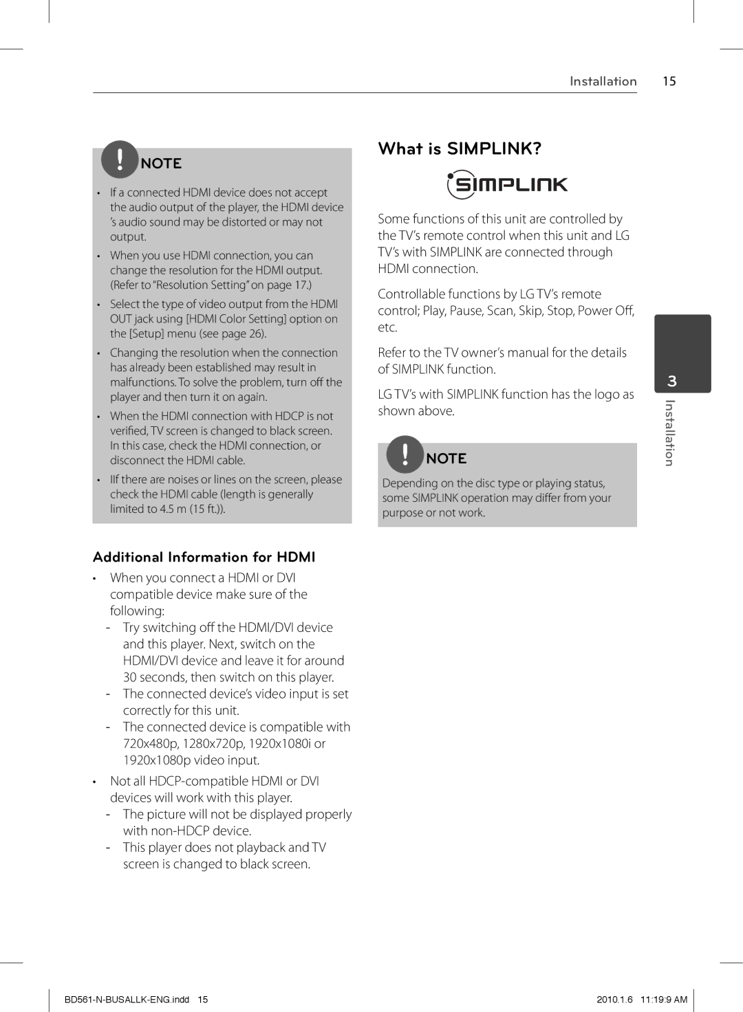 LG Electronics BD550 owner manual What is SIMPLINK?, Additional Information for Hdmi 