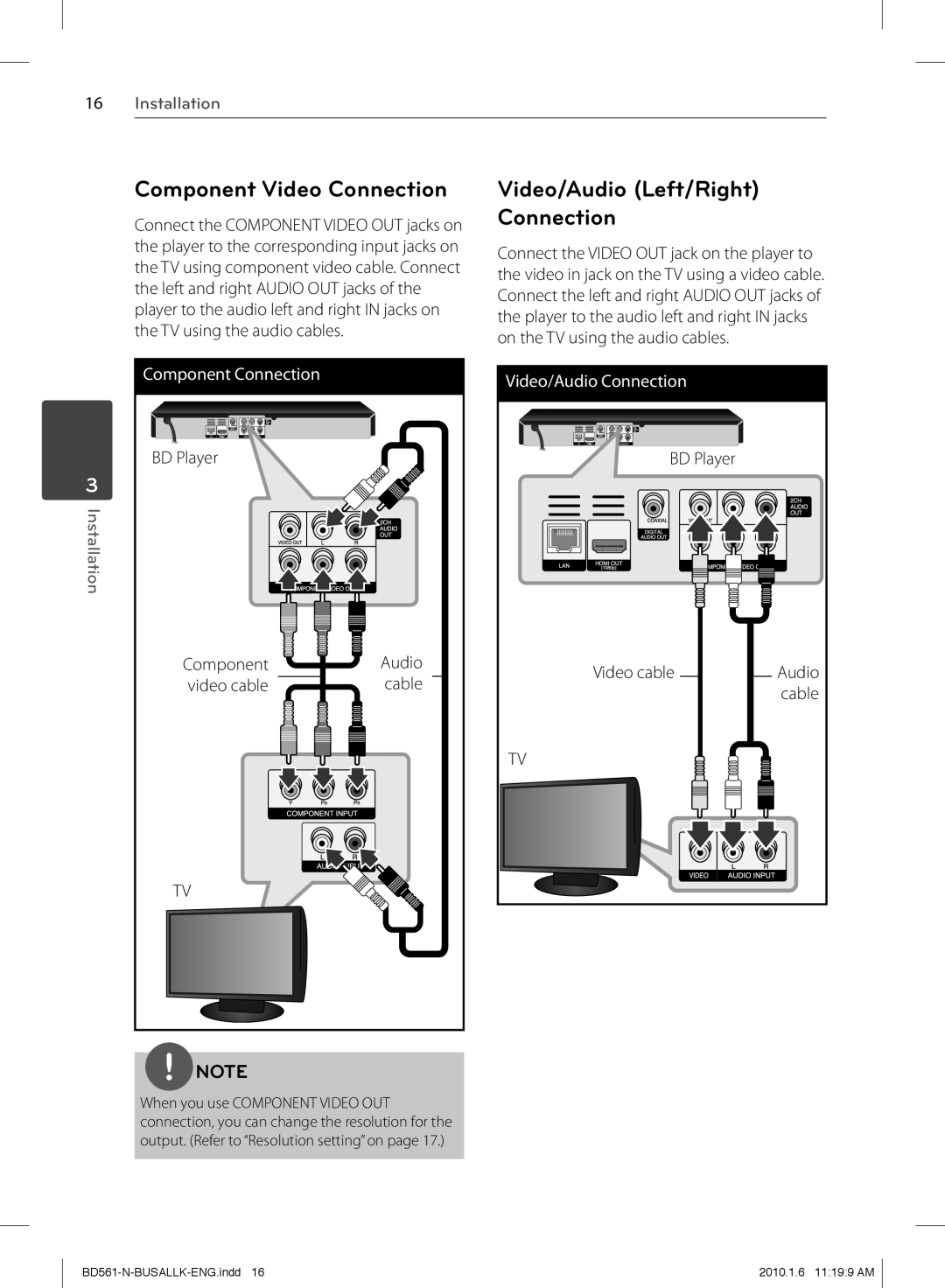 LG Electronics BD550 owner manual Component Video Connection, Video/Audio Left/Right Connection, BD Player Video cable 