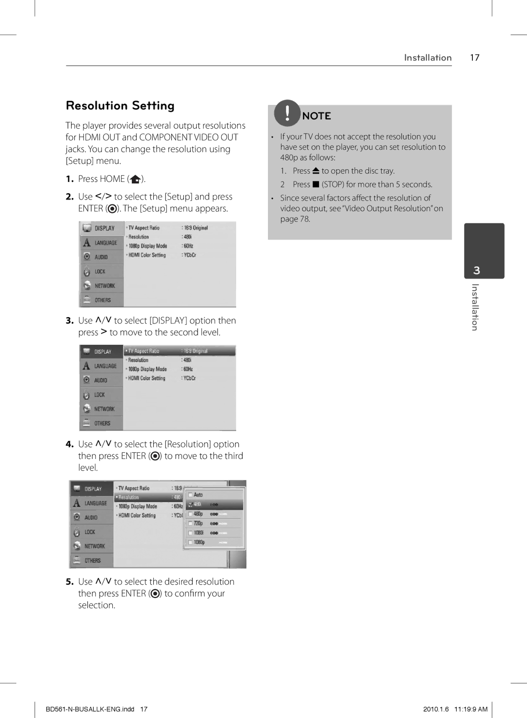 LG Electronics BD550 owner manual Resolution Setting, Press Home 