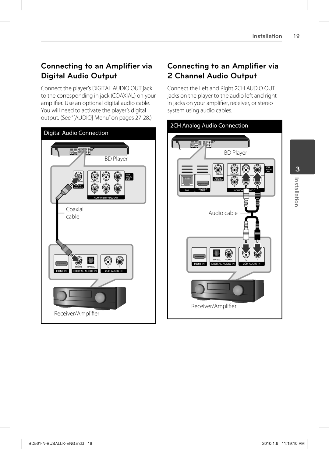 LG Electronics BD550 Connecting to an Ampliﬁer via Digital Audio Output, Coaxial, Audio cable, Receiver/Amplifi er 