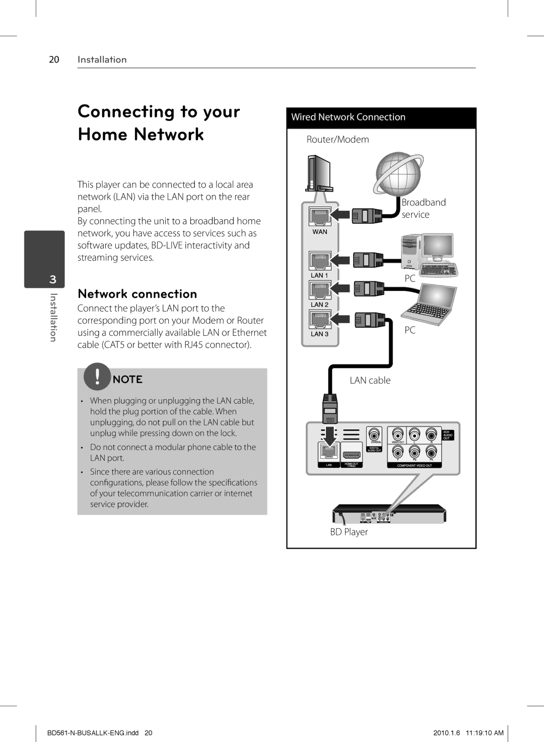 LG Electronics BD550 owner manual Network connection, Router/Modem, Service, LAN cable 