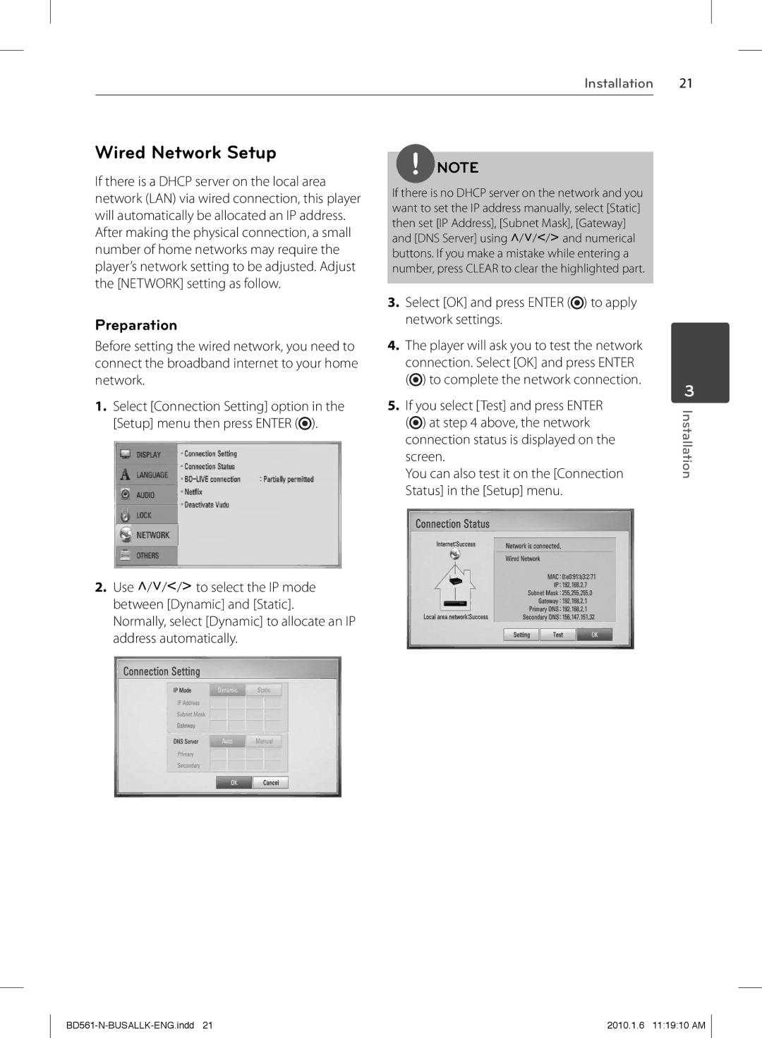 LG Electronics BD550 owner manual Wired Network Setup, Preparation, Select OK and press Enter to apply network settings 