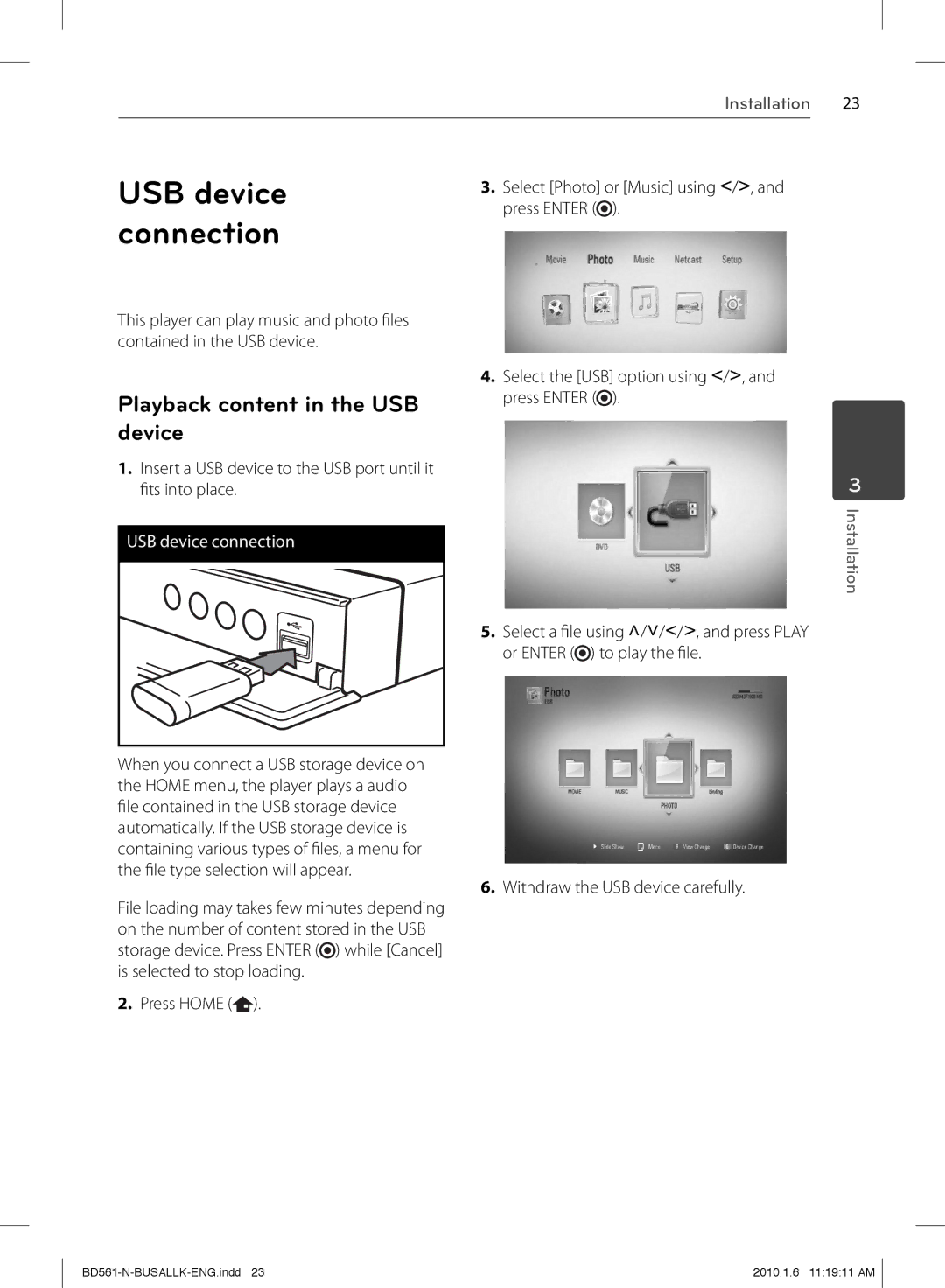 LG Electronics BD550 owner manual USB device, Playback content in the USB, Select Photo or Music using I/i, Press Enter 