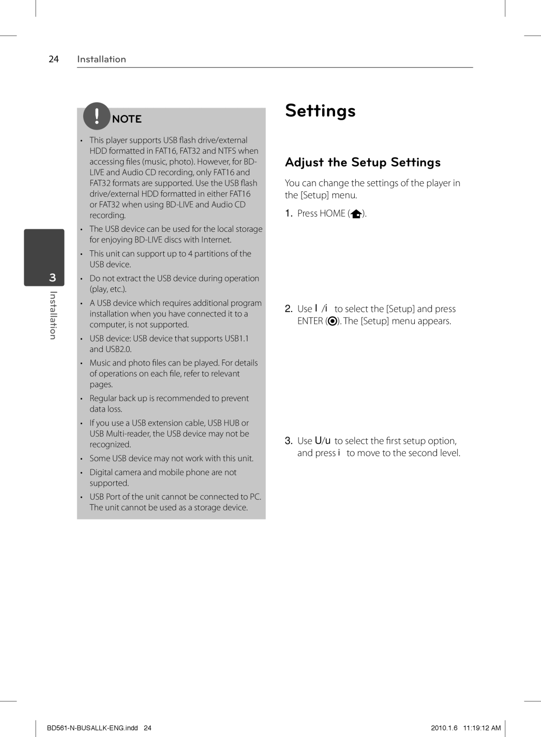 LG Electronics BD550 owner manual Adjust the Setup Settings 