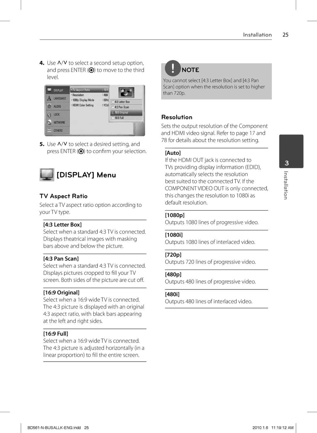 LG Electronics BD550 owner manual Display Menu, TV Aspect Ratio, Resolution 