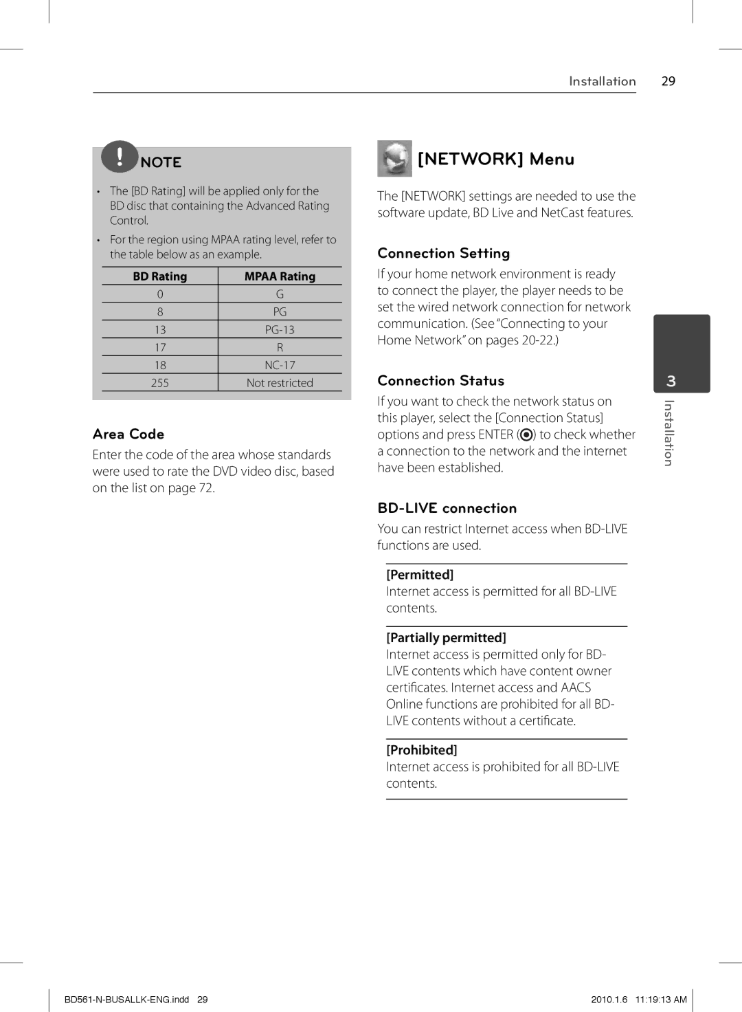 LG Electronics BD550 owner manual Network Menu, Area Code, Connection Setting, Connection Status, BD-LIVE connection 