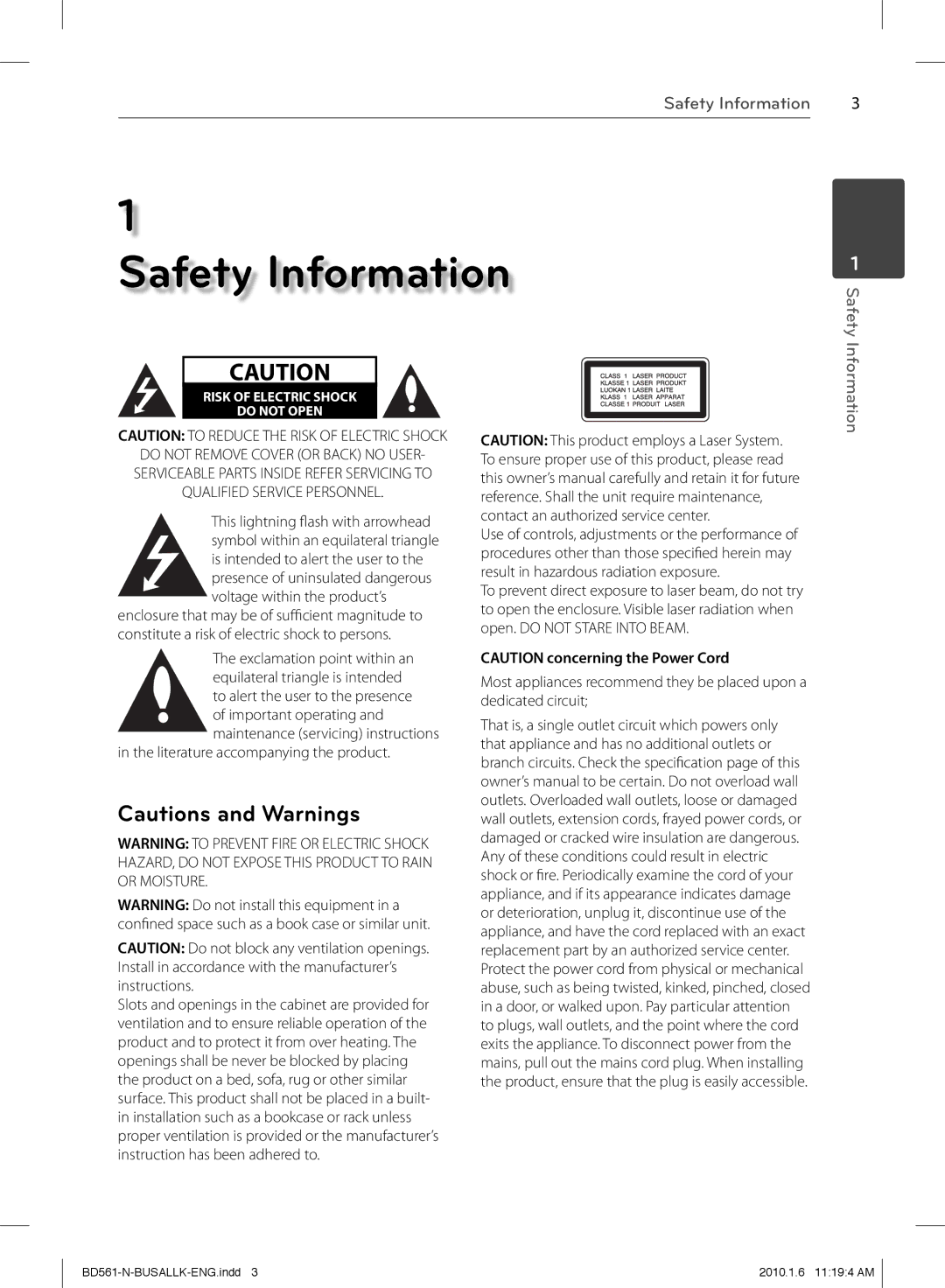 LG Electronics BD550 owner manual Safety Information 