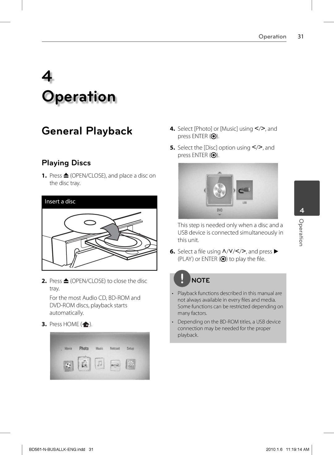 LG Electronics BD550 owner manual General Playback, Playing Discs, Press Z OPEN/CLOSE, and place a disc on the disc tray 