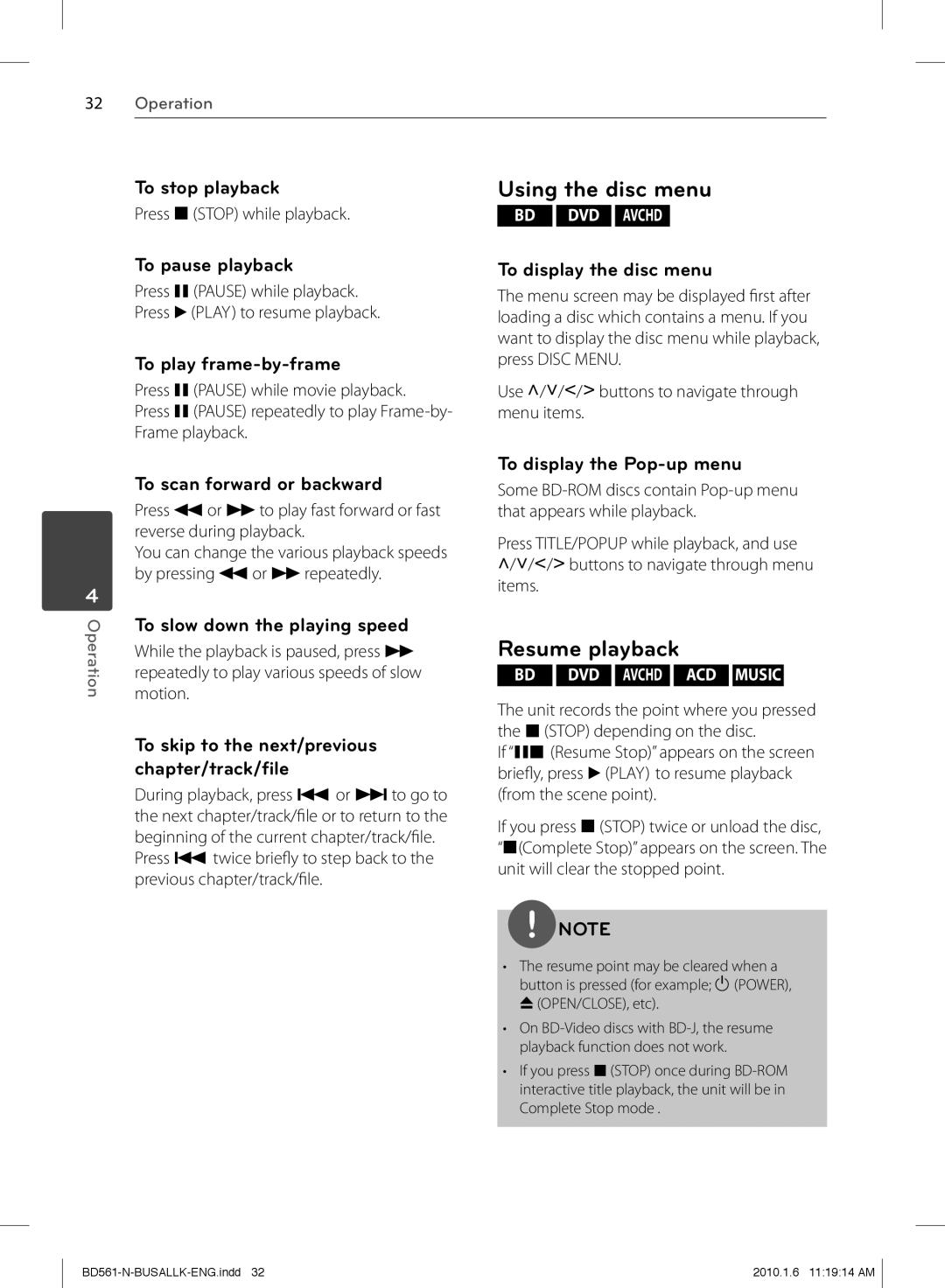 LG Electronics BD550 owner manual Using the disc menu, Resume playback 