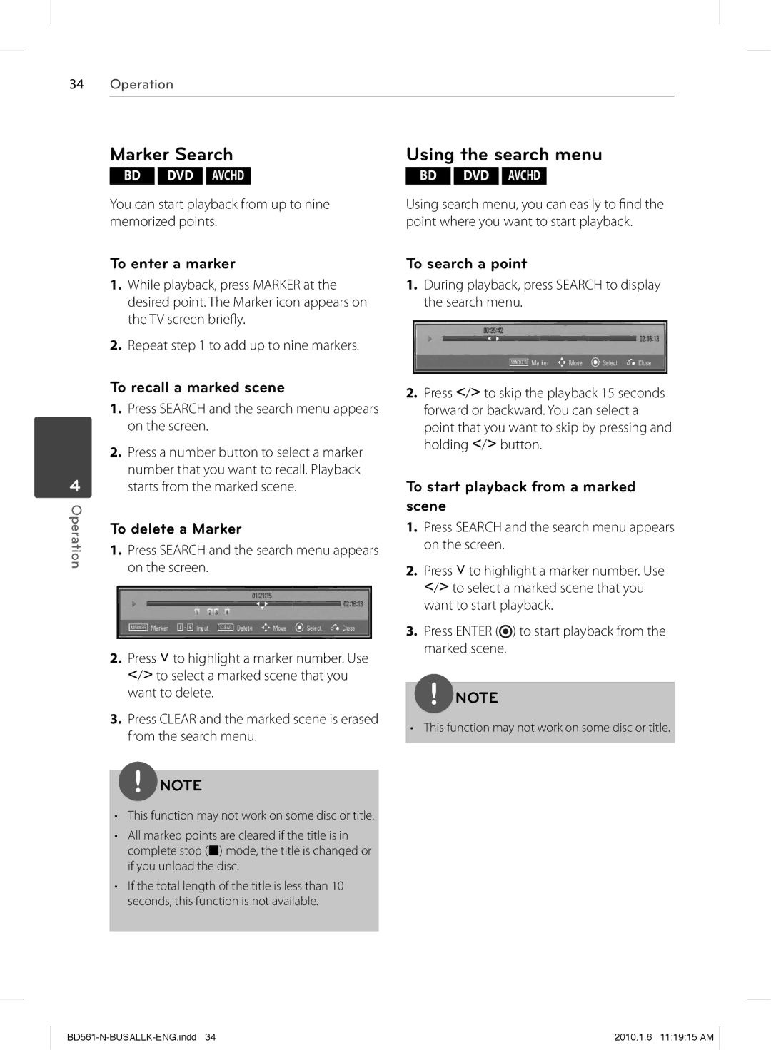 LG Electronics BD550 owner manual To enter a marker To search a point, To recall a marked scene, To delete a Marker 