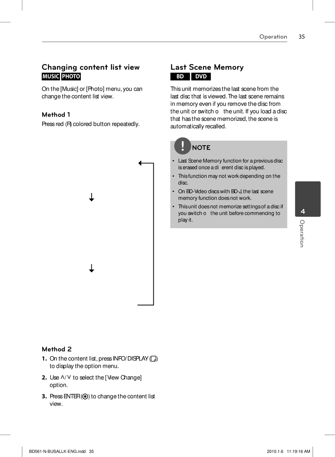 LG Electronics BD550 Changing content list view, Last Scene Memory, Method, Press red R colored button repeatedly 