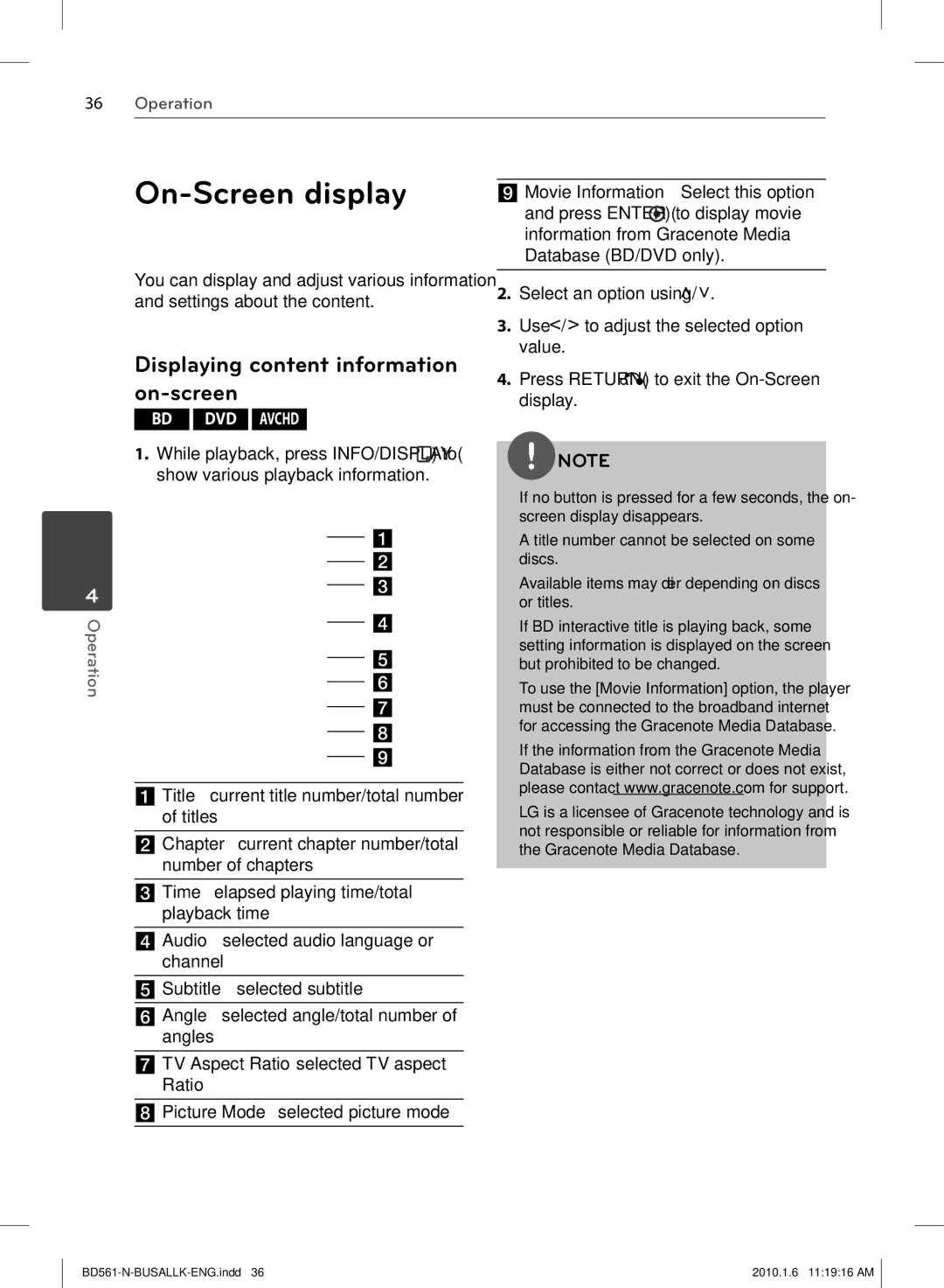 LG Electronics BD550 On-Screen display, Displaying content information on-screen, TV Aspect Ratio selected TV aspect Ratio 