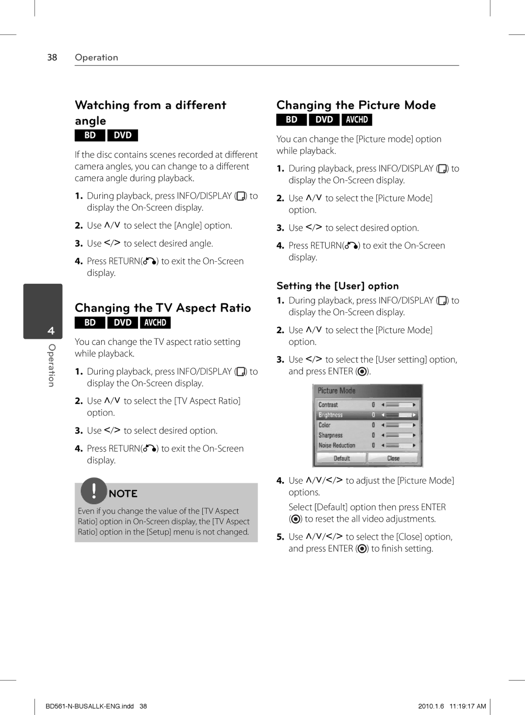 LG Electronics BD550 owner manual Watching from a different angle, Changing the Picture Mode, Changing the TV Aspect Ratio 