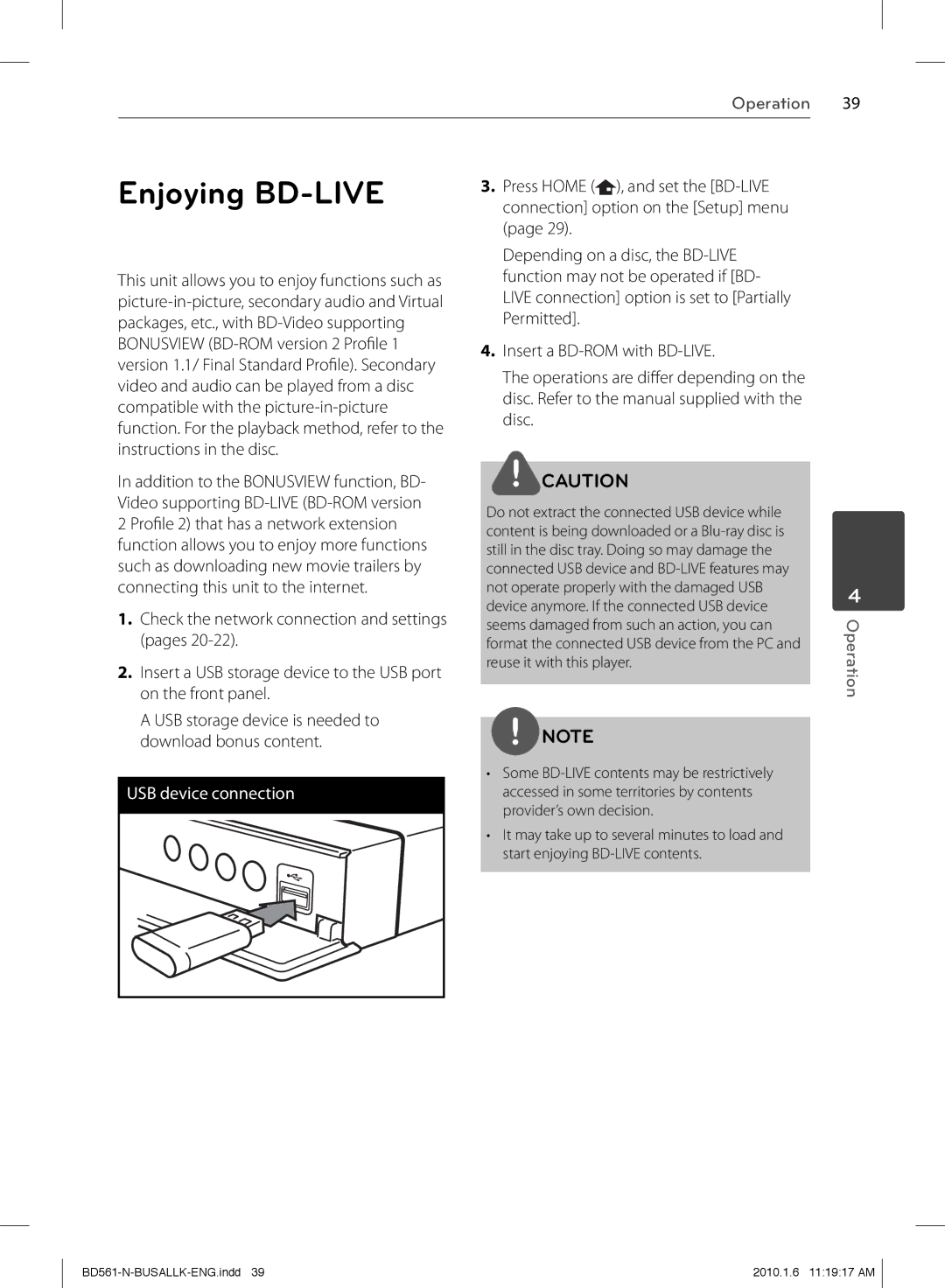 LG Electronics BD550 owner manual Enjoying BD-LIVE, USB storage device is needed to Download bonus content 