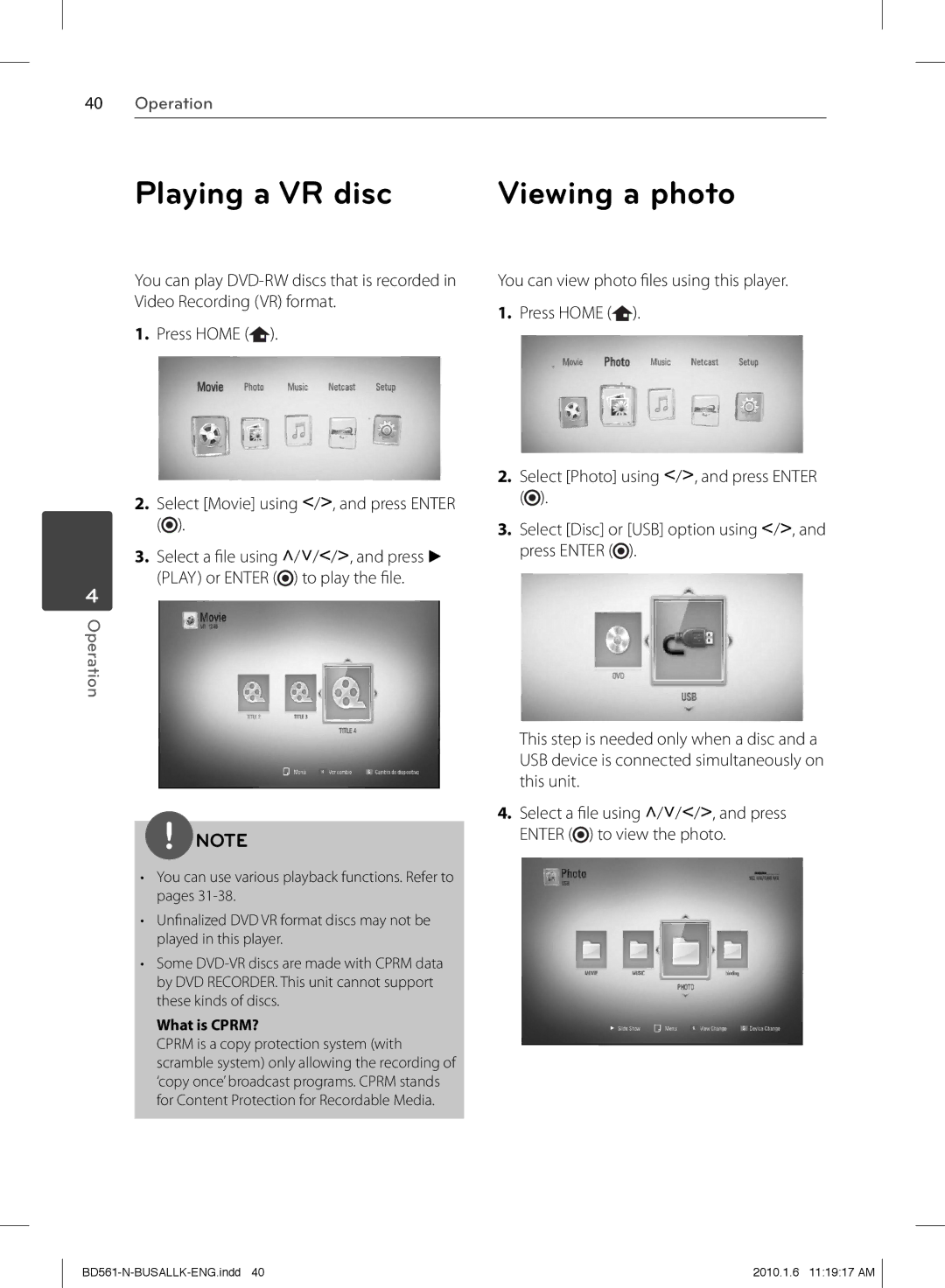 LG Electronics BD550 owner manual Playing a VR disc, Press Home Select Movie using I/i, and press Enter 