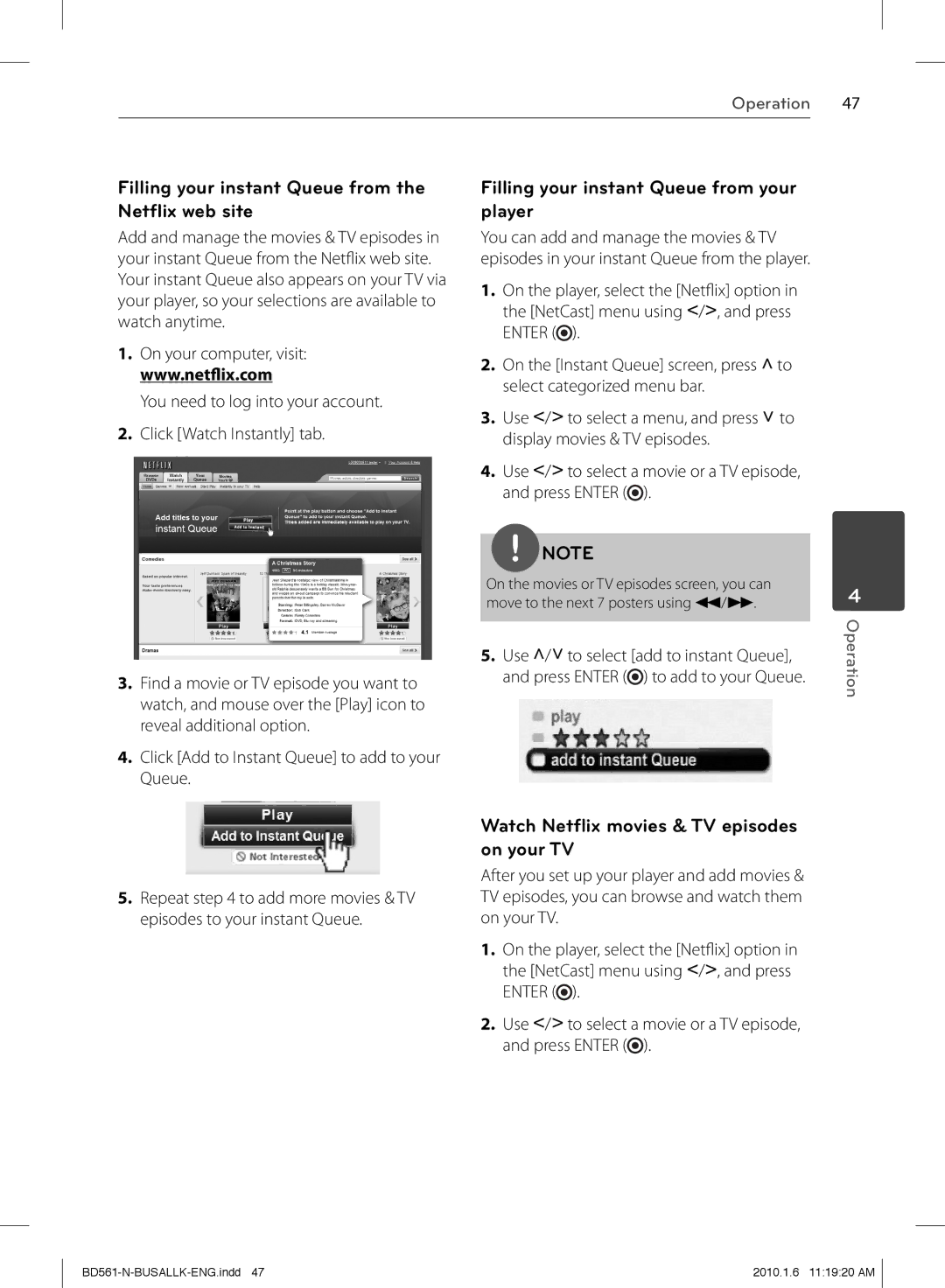 LG Electronics BD550 Filling your instant Queue from the Netﬂix web site, Filling your instant Queue from your player 