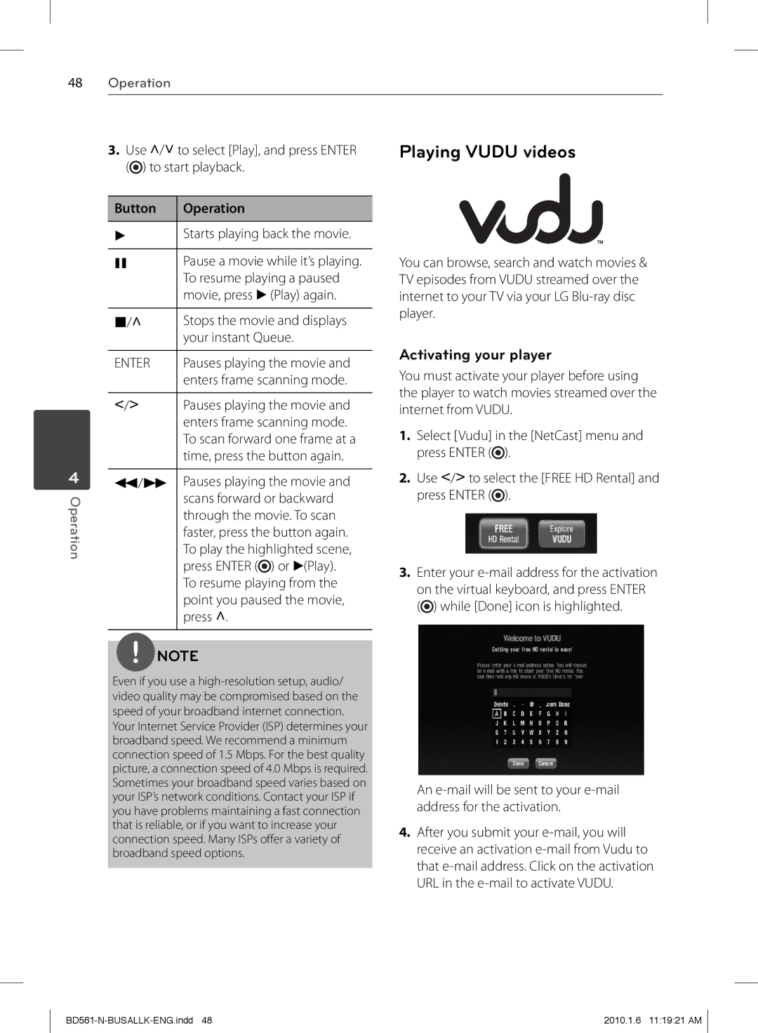 LG Electronics BD550 owner manual Playing Vudu videos, Button 