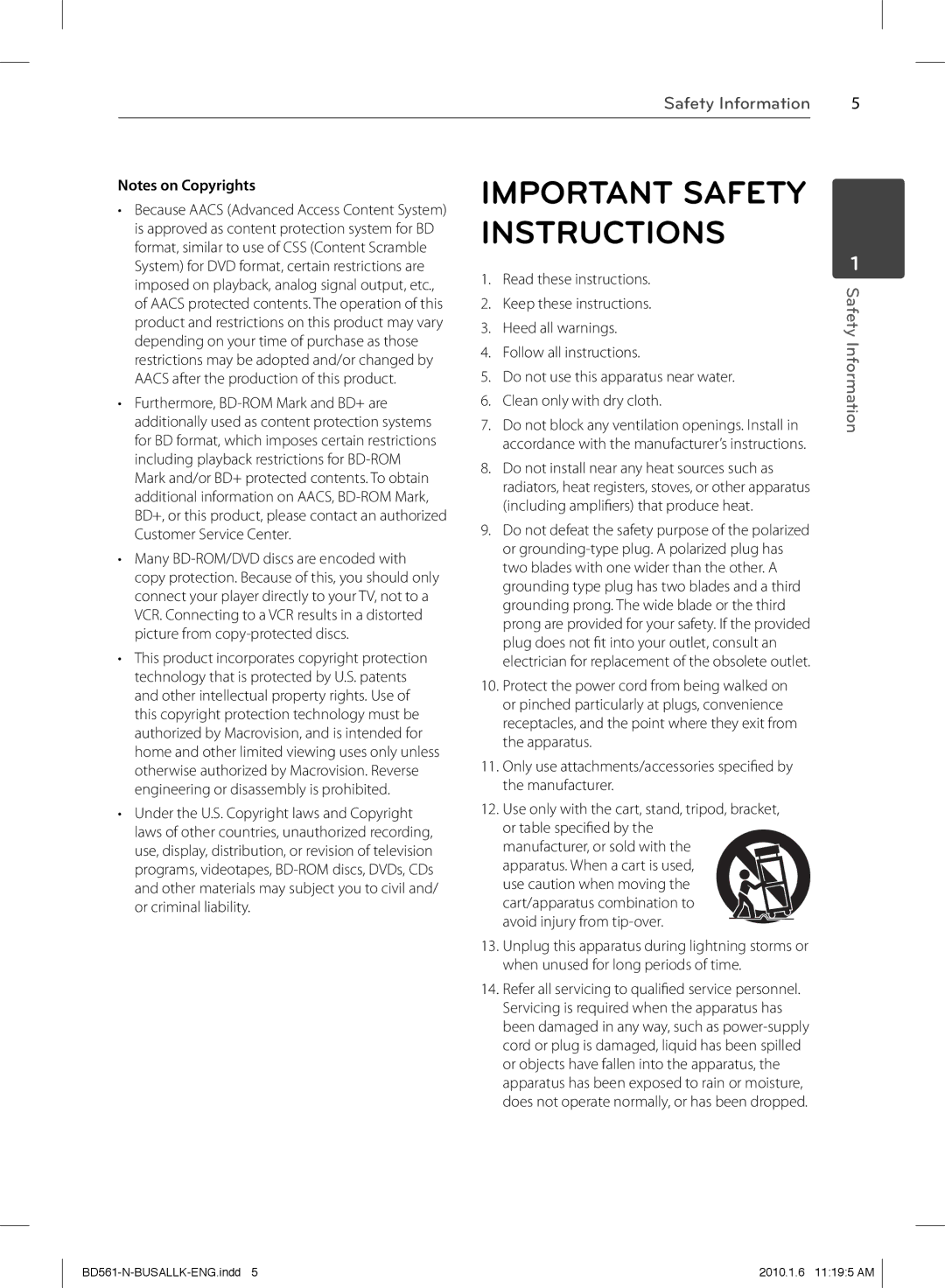 LG Electronics BD550 owner manual Important Safety Instructions 