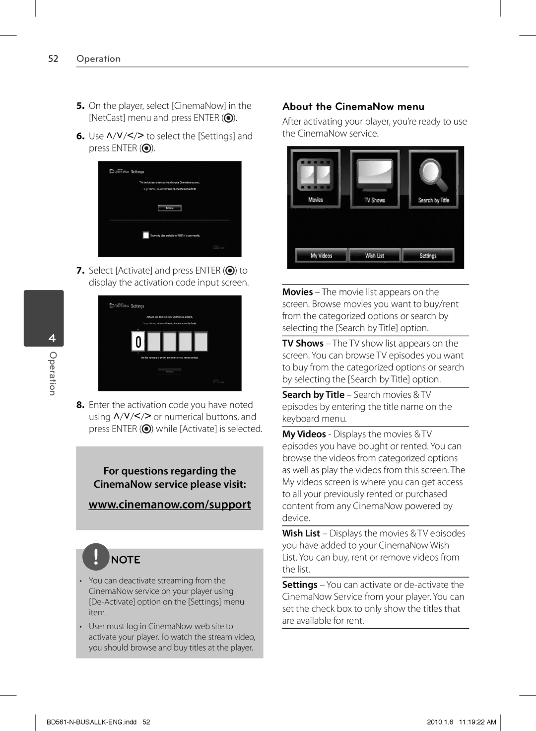 LG Electronics BD550 owner manual About the CinemaNow menu, For questions regarding CinemaNow service please visit 