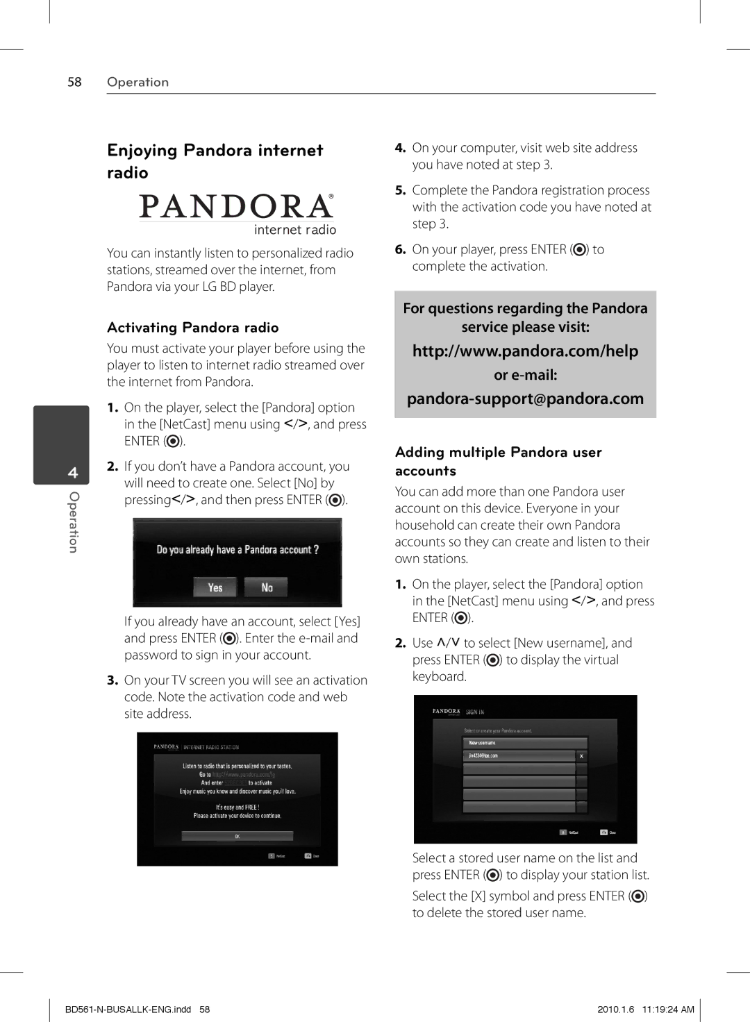 LG Electronics BD550 Enjoying Pandora internet radio, Activating Pandora radio, Adding multiple Pandora user accounts 