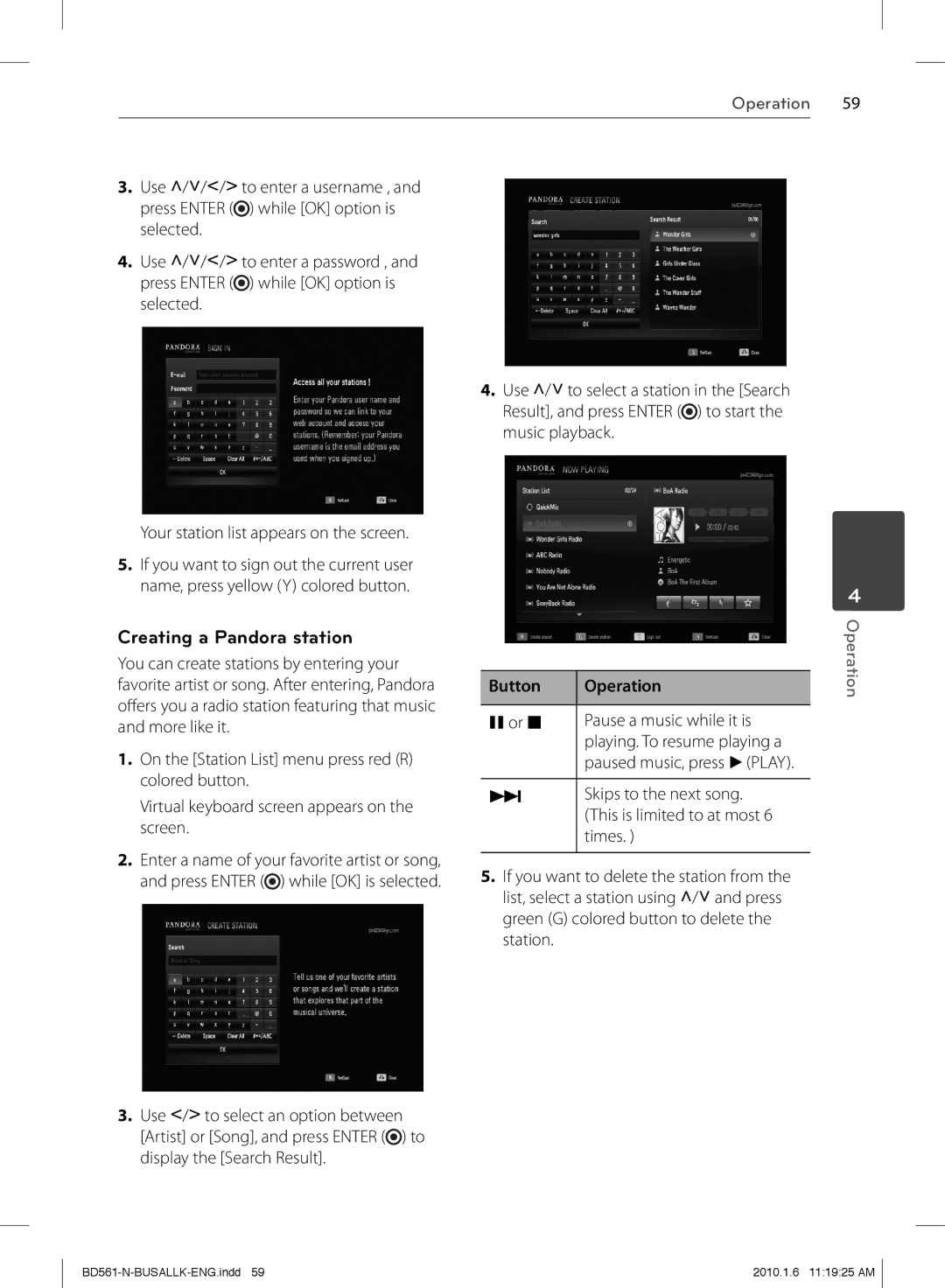 LG Electronics BD550 owner manual Creating a Pandora station, Pause a music while it is 