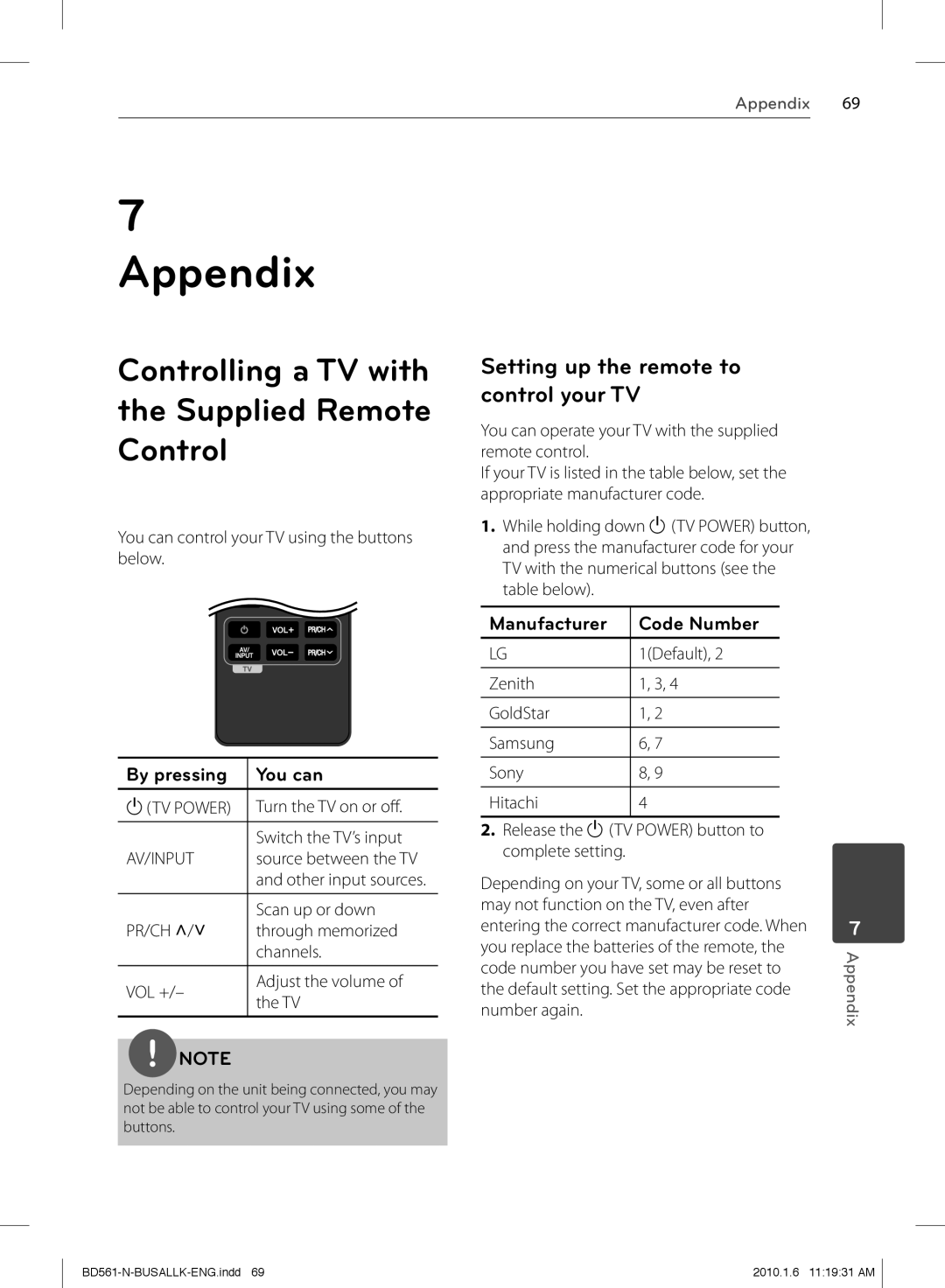 LG Electronics BD550 Controlling a TV with the Supplied Remote Control, Setting up the remote to control your TV 