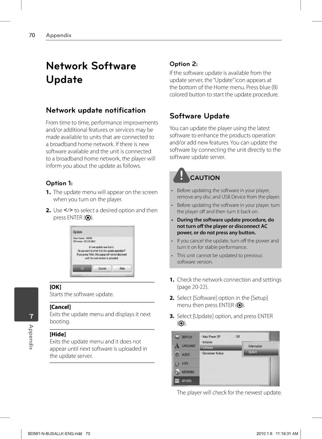 LG Electronics BD550 owner manual Network Software Update, Network update notiﬁcation, Option 